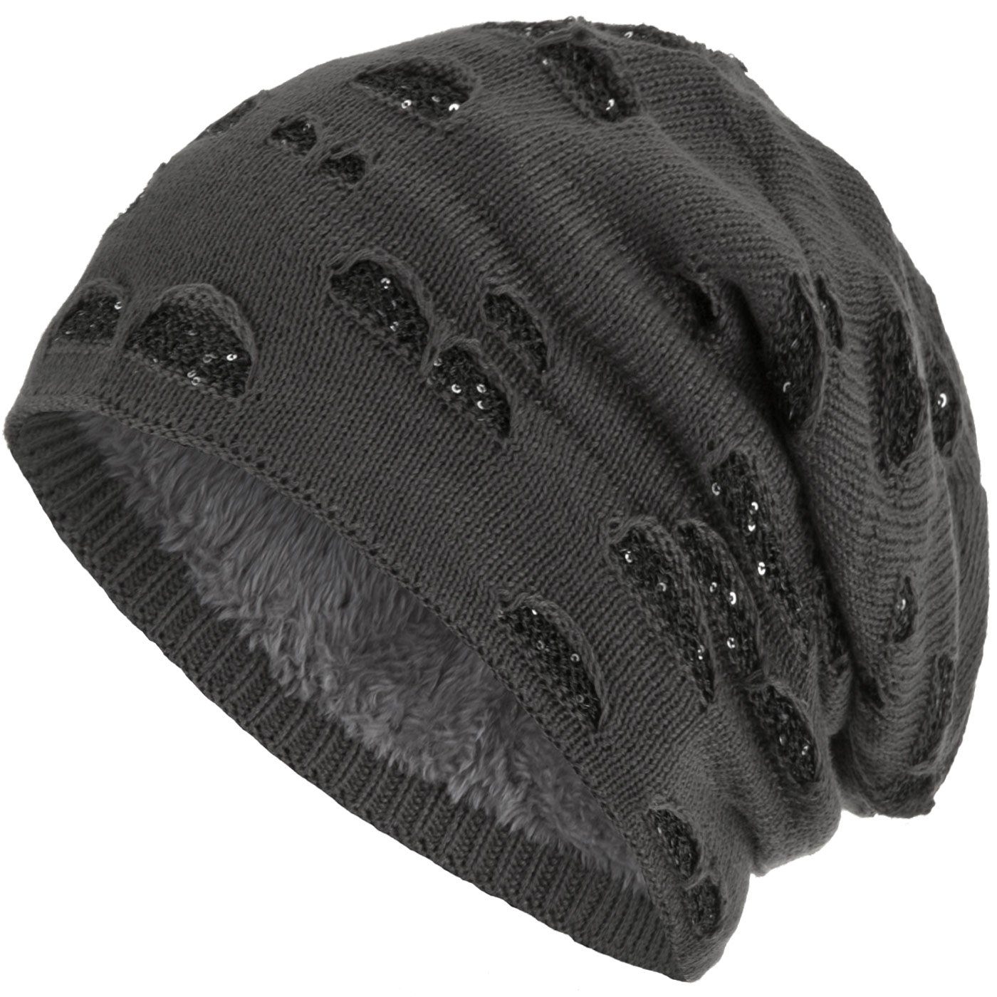 Gefütterte Damenmütze Strickmütze Beanie Haube Mütze grau Wintermütze (1-St) Pailletten Damen compagno