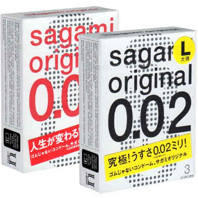 Sagami Kondome Original 0.02 Test-Set (L-Size und Regular Size) für Latex-Allergiker geeignet, 2 Packungen mit je 3 Stück, insgesamt, 6 St., latexfreie Kondome, Probierset, ultradünne japanische Kondome