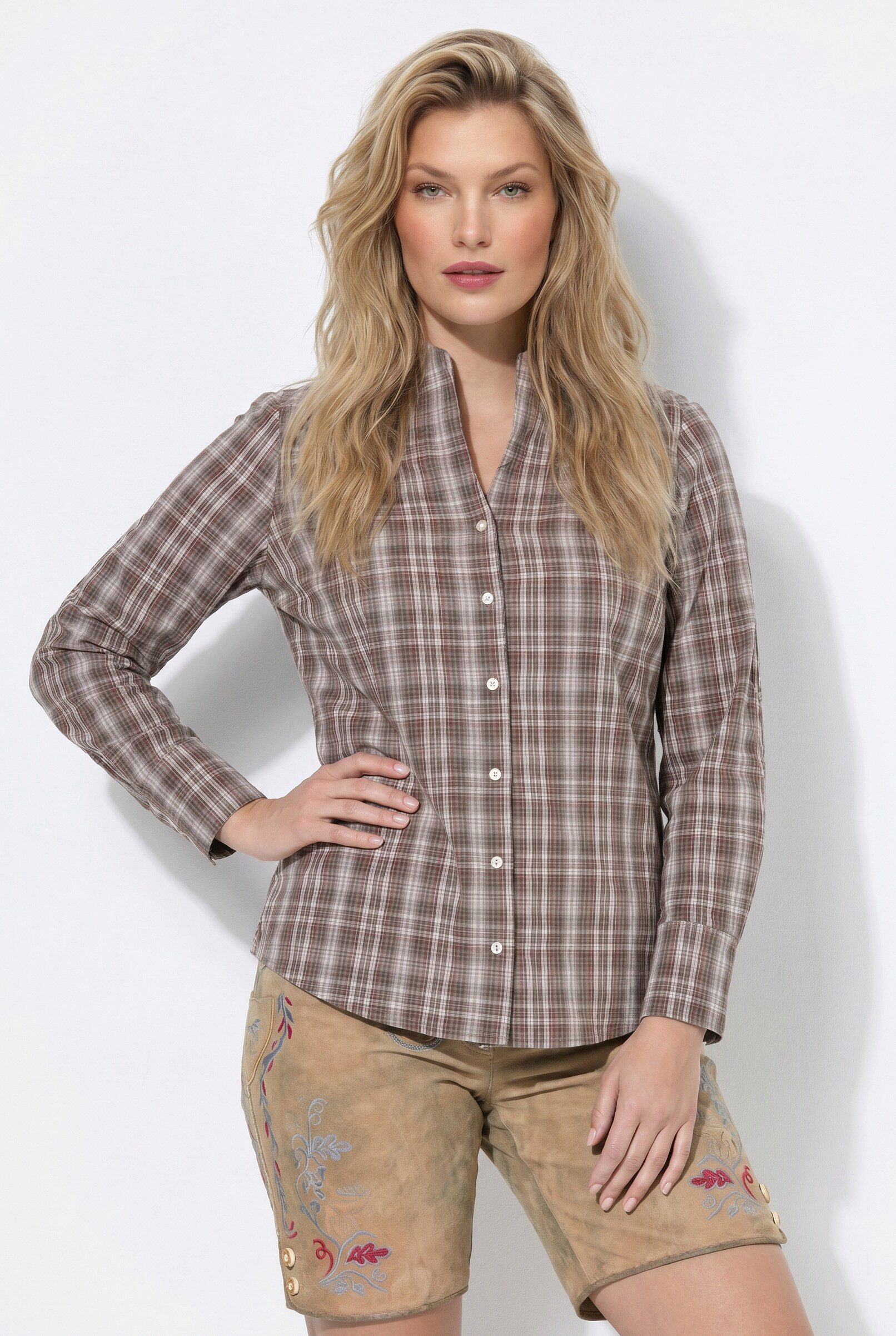 Ulla Popken Longbluse Bluse Karo Kelchkragen V-Ausschnitt Langarm
