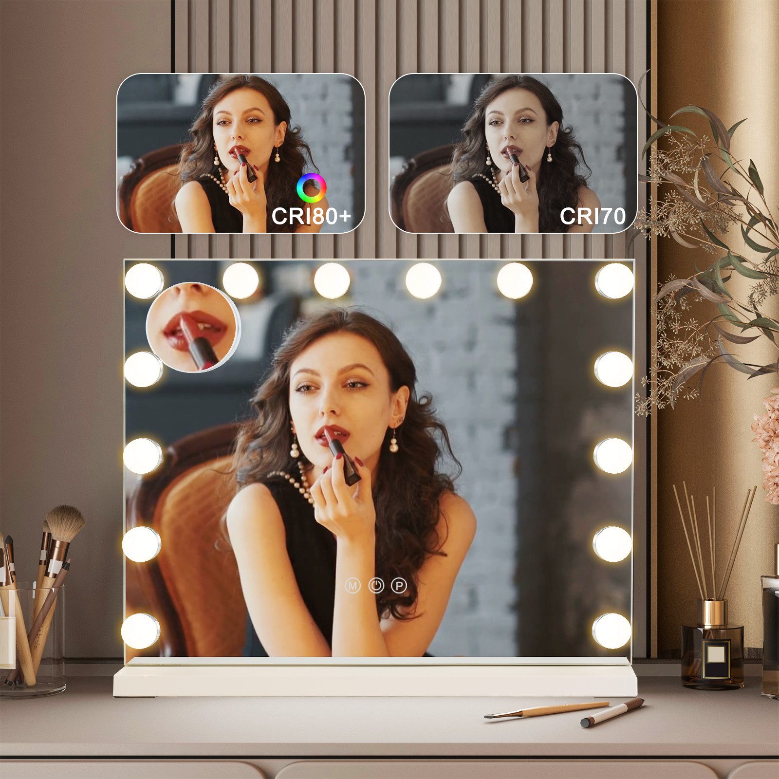 Glitzerlife Hollywood Schminkspiegel Mit Beleuchtung - Schminktisch Spiegel Mit 14 LED Licht USB Anschluss Groß 50x40cm Mirror 3 Modi Touch Dimmbar Vanity Mirror_voghion.com