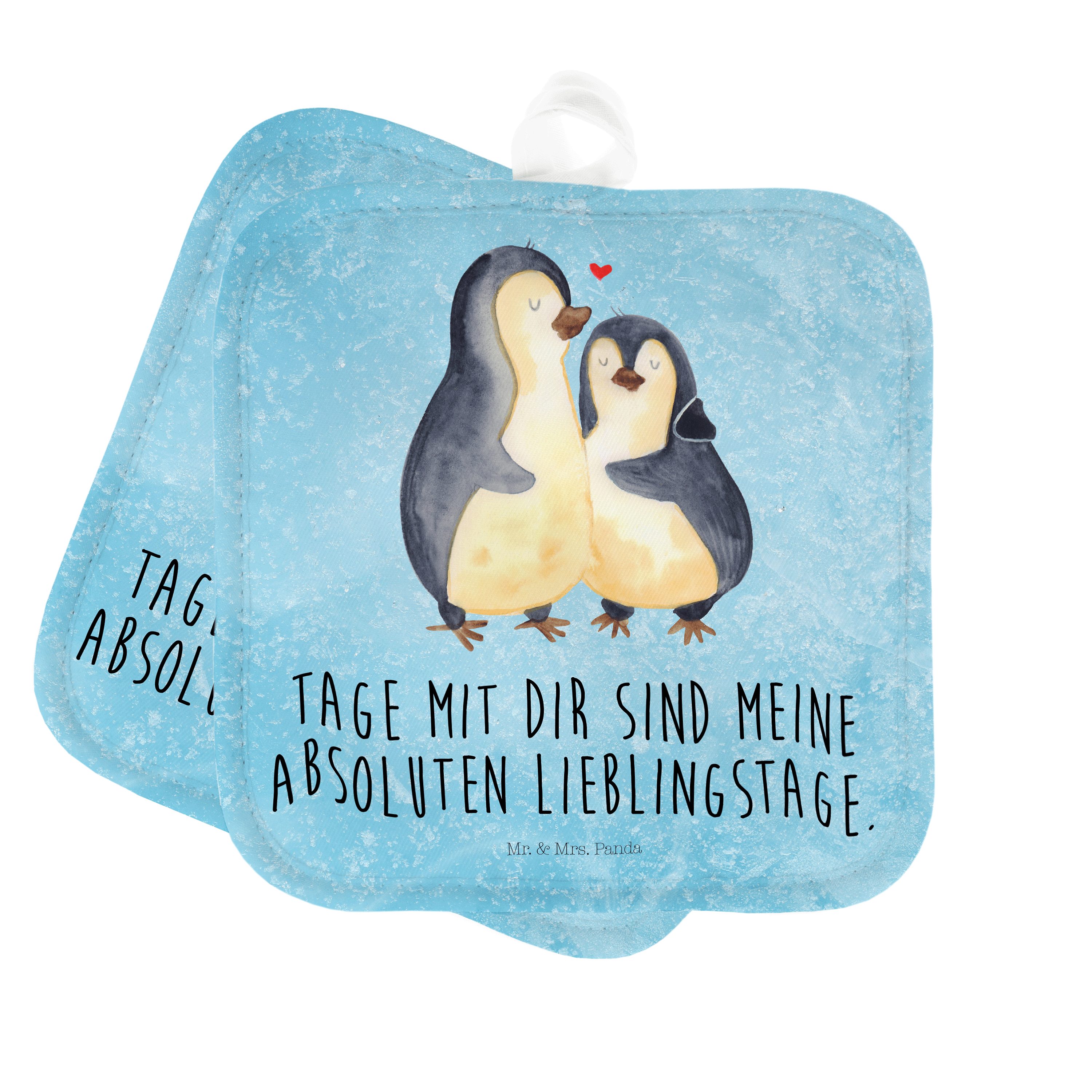 Mr. & Mrs. Panda Topflappen Pinguin umarmend - Eisblau - Geschenk, Umarmung, Ofenhandschuh, Paar, (1-tlg)