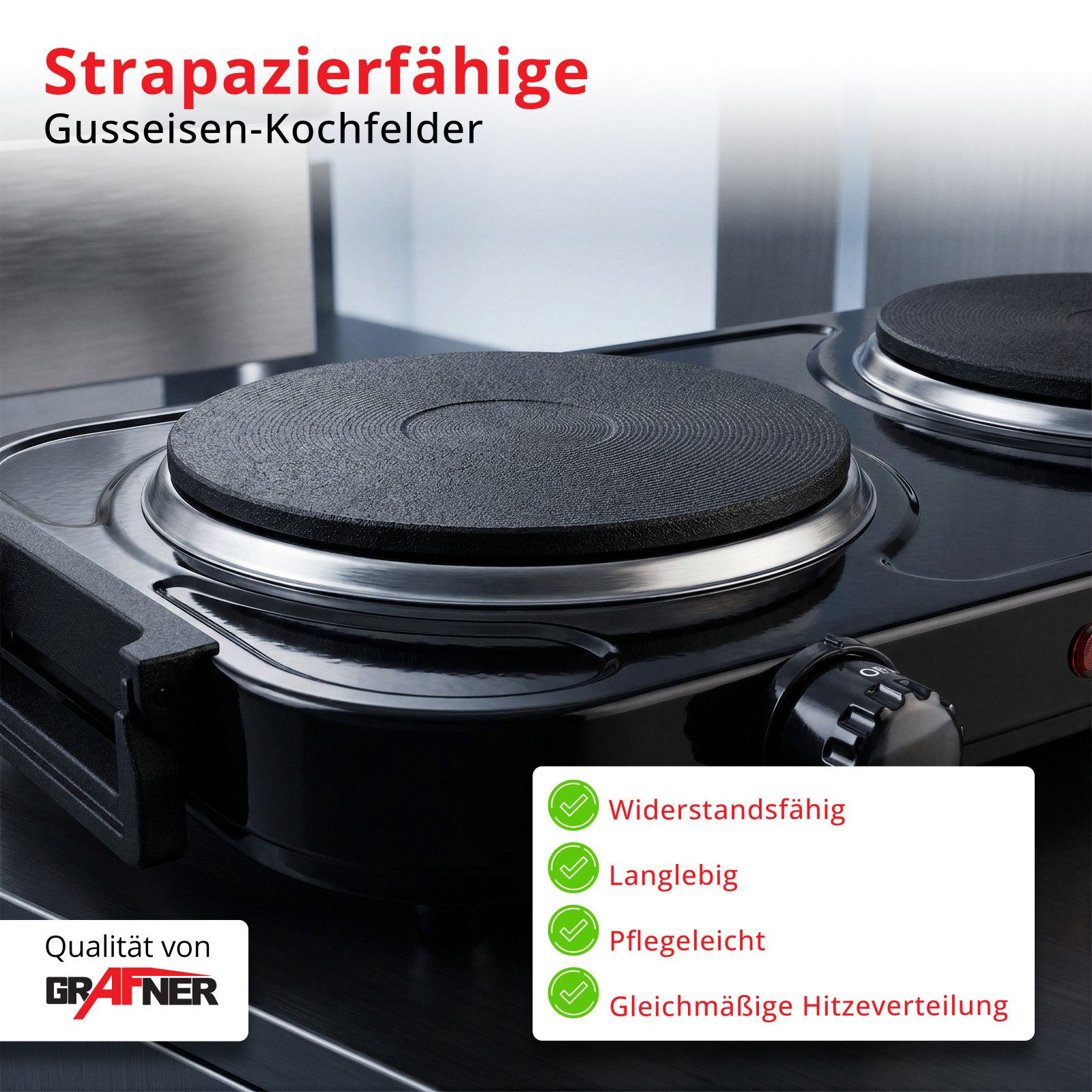 Grafner Doppelkochplatte Grafner® 2000 Watt mit klappbaren Griffen Schwarz, Mobile Herdplatte, Überhitzungsschutz, 2000 Watt – Bild 5 von 5