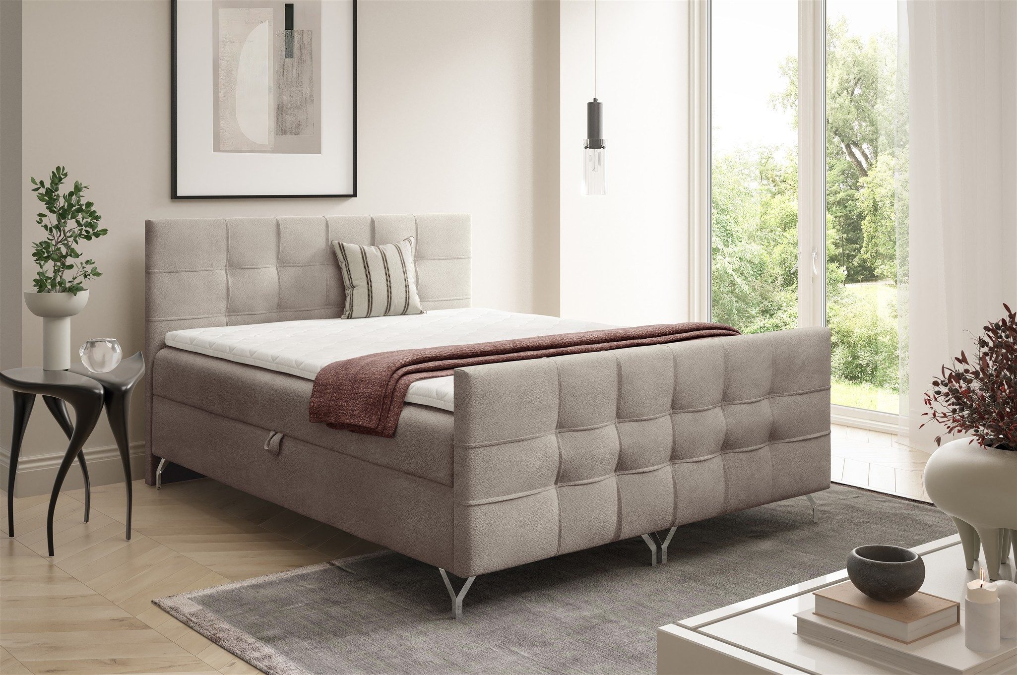 Fun Möbel Boxbett Bett Schlafzimmerbett PERLA Überlänge in Strukturstoff Coral (inkl. Topper, mit Bonellfederkernmatratzen), inkl. 2 x Bettkasten