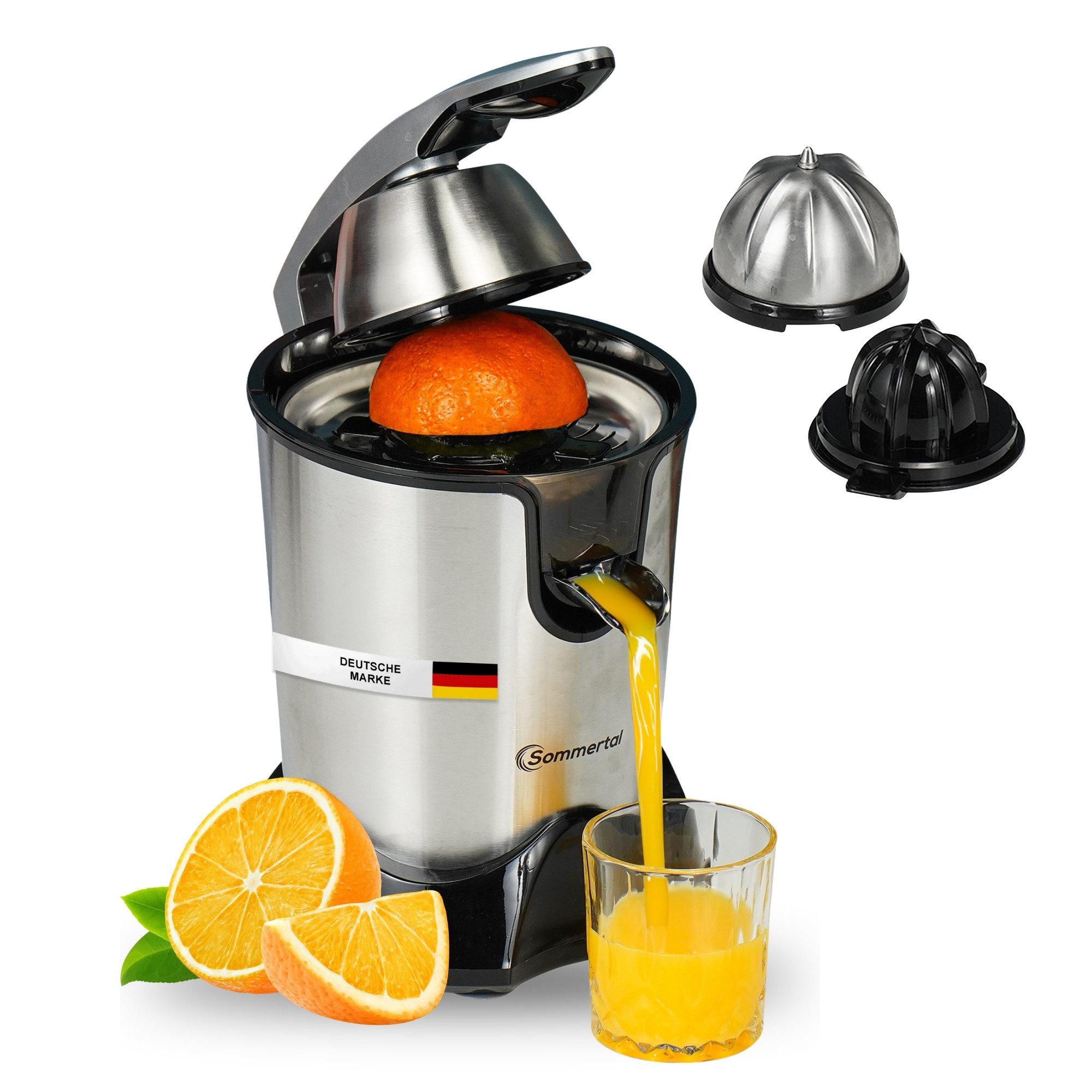 Sommertal 2in1 Zitruspresse Sommertal Zitruspresse CP850 elektrische Saftpresse inkl. 2 Presskegel, 850 W, manuelle Handpresse, Orangenpresse Zitronenpresse aus Edelstahl