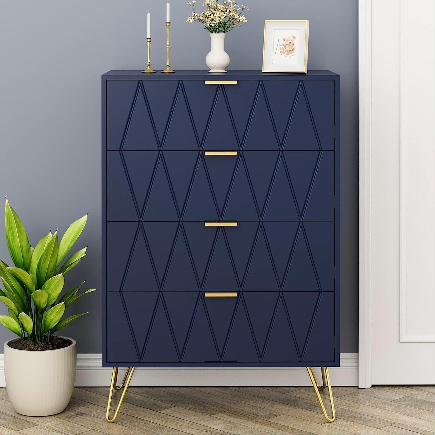 UEV Kommode mit 4 Schubladen, Sideboard für Schlafzimmer,Wohnzimmer (Mehrzweckschrank aus Holz, 60 x 34 x 91 cm), Aufbewahrungskommode, Schrank für Wohnzimmer,Schlafzimmer,Flur