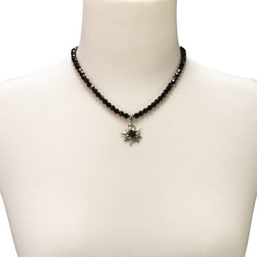 Alpenflüstern Collier Perlen-Trachtenkette Strass-Edelweiß klein (schwarz), - Damen-Trachtenschmuck Dirndlkette