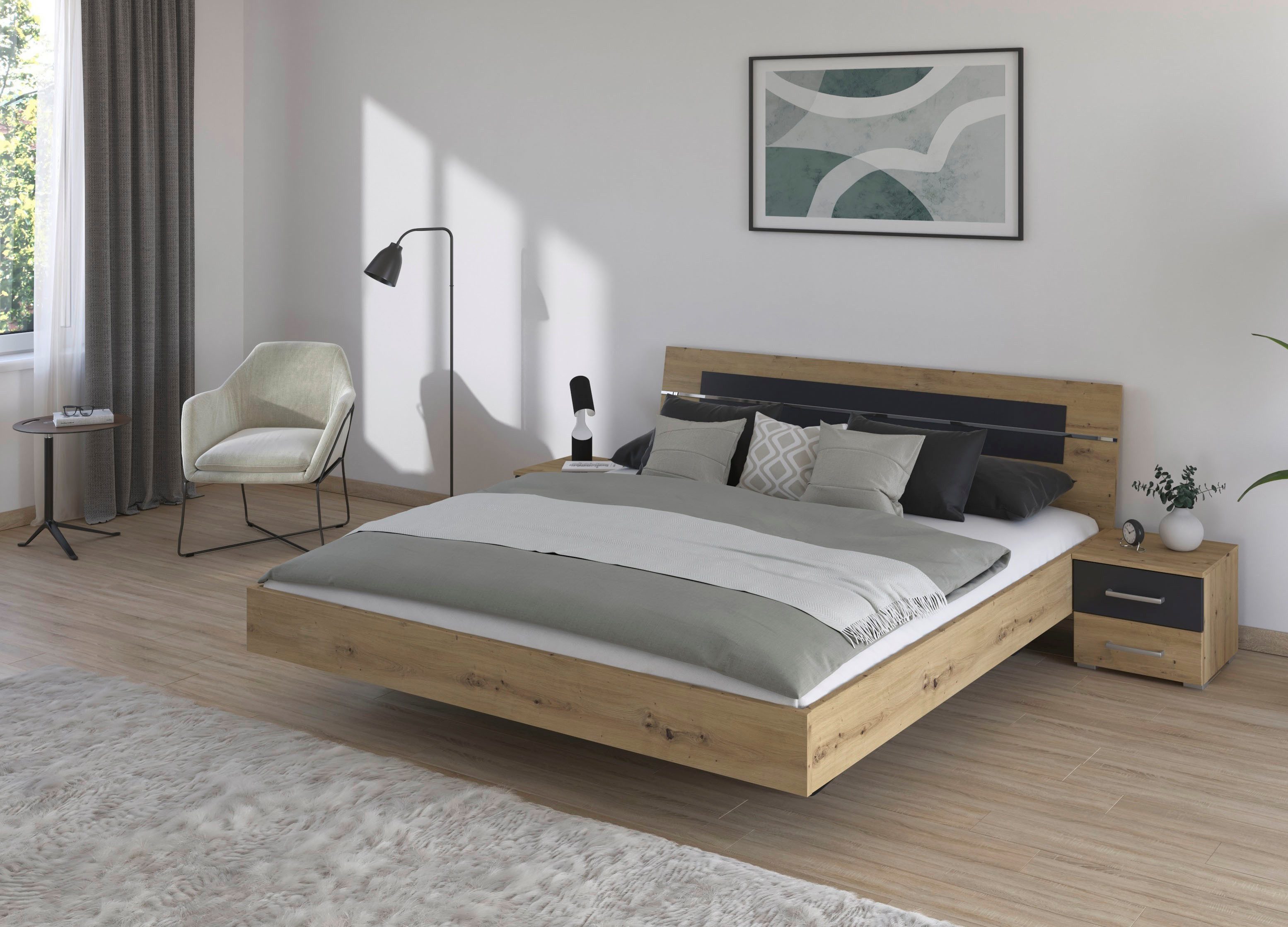 rauch Bettanlage Doppelbett Futonbett BURANO in schwebender Optik, (Set, 3-tlg), und abgesetztem Kopfteil mit 2 Nachttischen MADE IN GERMANY