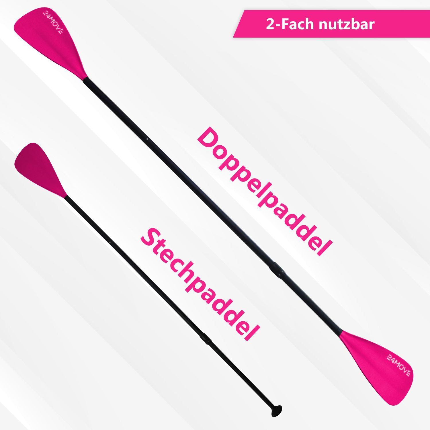 24Move Doppelpaddel, Premium Stand Up Paddle Aluminium, verstellbar, 4-teilig SUP-Paddel, (2 in 1 Paket, als Einzelpaddel oder Doppeltes Paddel, pink), für Paddelboards, Kajakboot und Ruderboot, universell einsetzbar