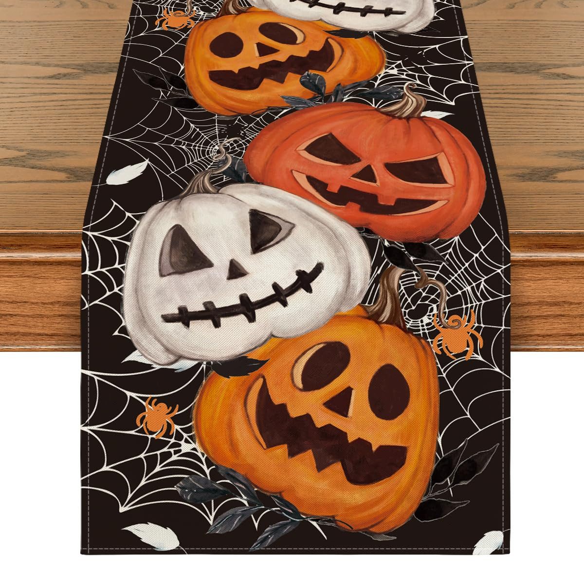 Sorvyzxn Tischläufer Halloween Tischläufer 33 × 183 cm, Spinnennetz & Kürbis Motiv, Für Esstisch, Küche, Herbst & Halloween Deko