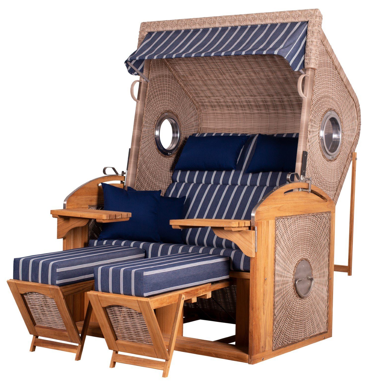 deVries PURE® Strandkorb Sailor XL - PE white kubu - Dessin 236, BxTxH: 135x90x165 cm, Halblieger, Ostsee-Strandkorb, feines Teakholz - inkl. Rückholfeder und Schutzhülle