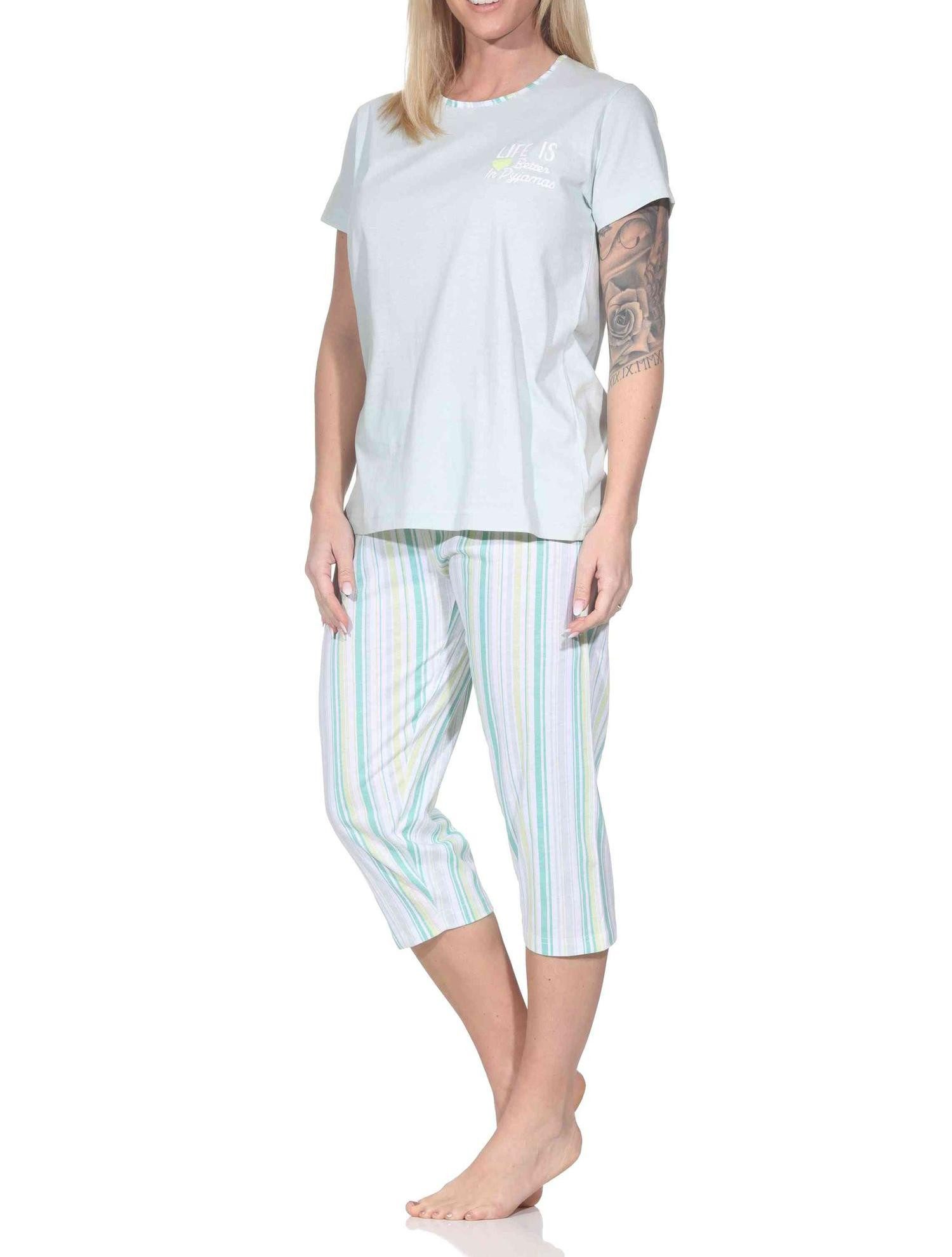 Normann Pyjama Normann Damen Schlafanzug kurzarm mit gestreifter Capri-Pyjamahose