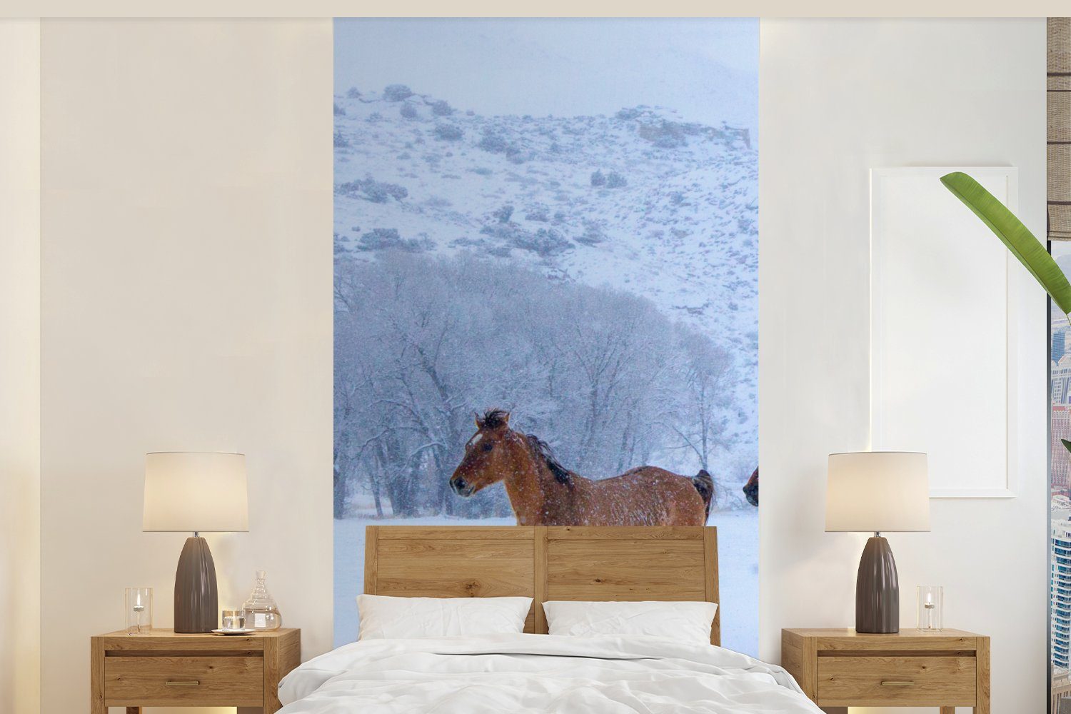 MuchoWow Fototapete Pferde - Schnee - Winter, Matt, bedruckt, (2 St), Vliestapete für Wohnzimmer Schlafzimmer Küche, Fototapete