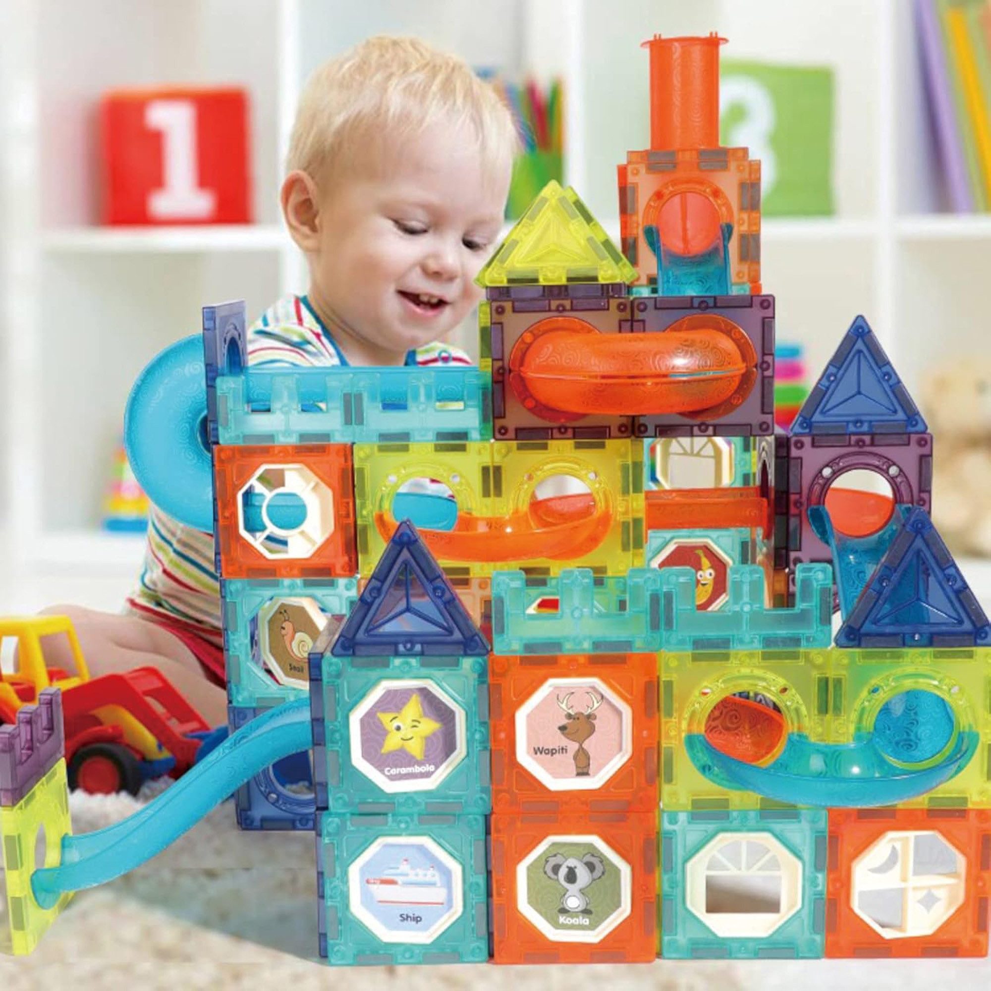 Fyrove Magnet-Kugelbahn Bausteine STEM Lernspielzeug, Steckspiel Magnetspielbausteine, (Spar-Set, 1 St., 126-teiliges Magnetbausteine-Set mit Kugelbahn, wiederv – Bild 4 von 5