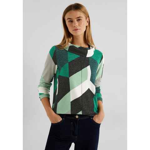 Cecil Langarmshirt Cecil Cosy Shirt mit Print in Cosy Easy Green Mela (1-tlg) Gummizugsaum