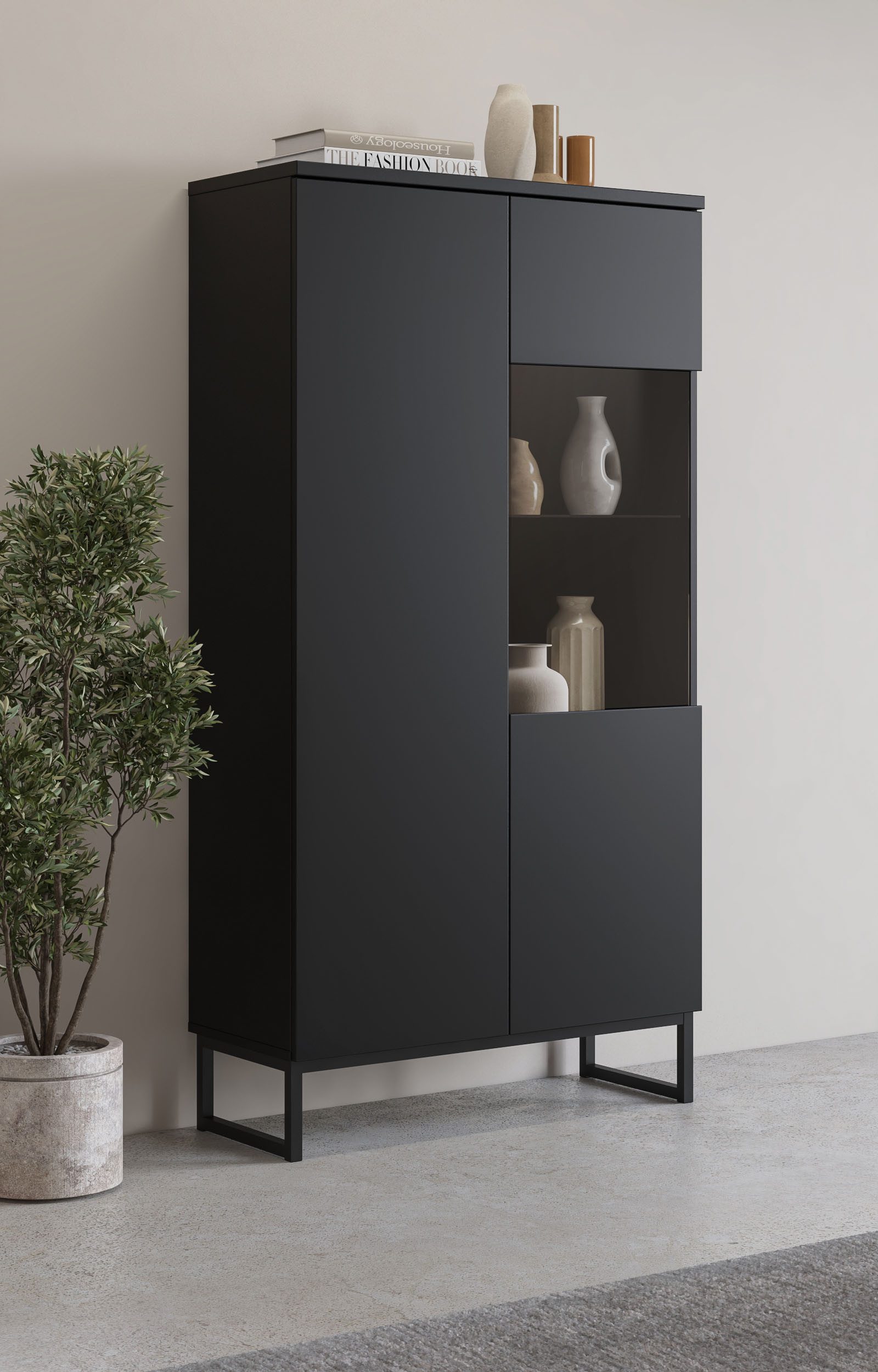 OTTO home Vitrine Modo II, Breite 80 cm, moderner griffloser Vitrineschrank Vitrine viel Stauraum, Einlegeböden verstellbar, Glastür, Metallkufen