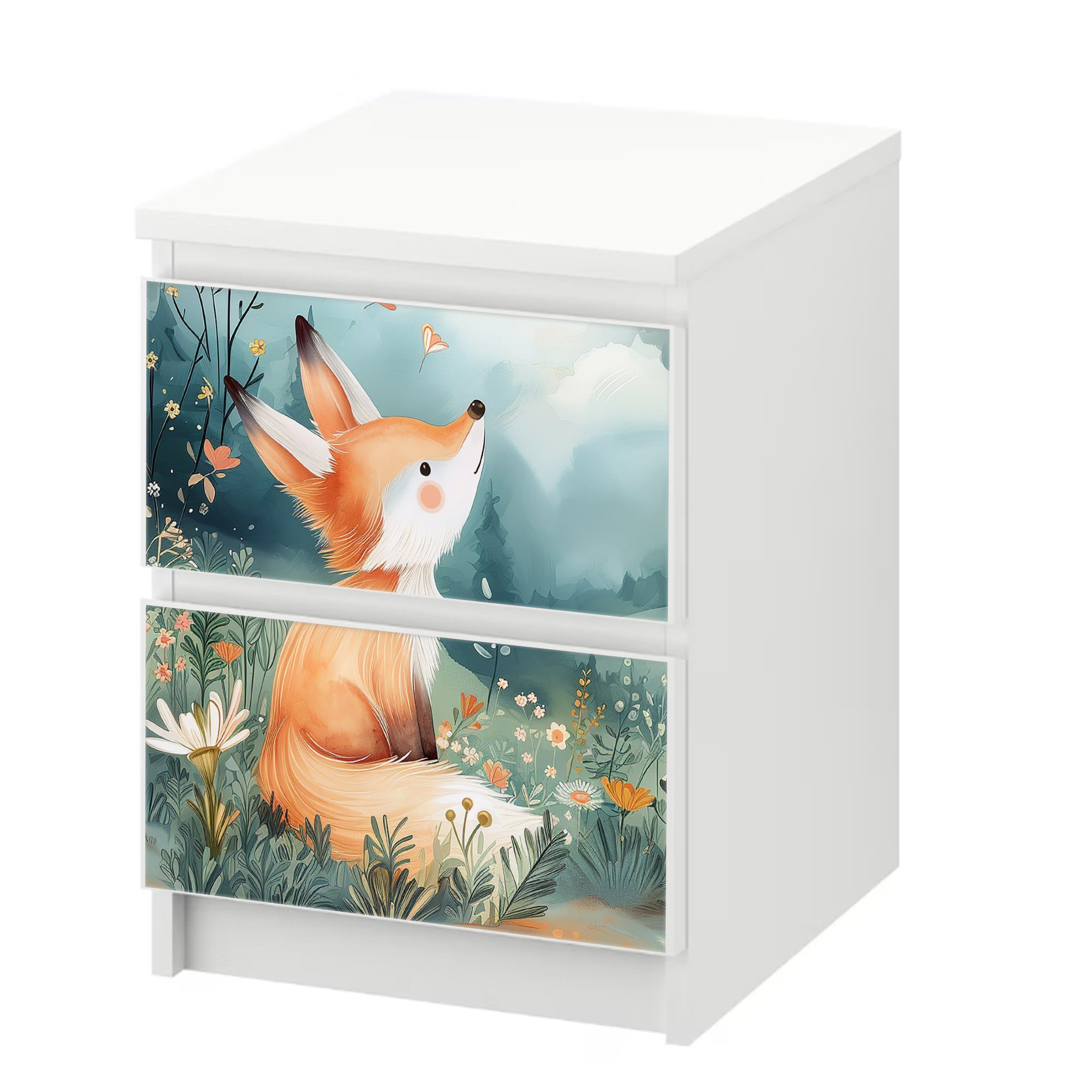Sunnywall Möbelfolie passend für IKEA Malm Kommode Schrankfolie Aufkleber Fuchs auf Wiese, blasenfreie selbstklebende Folie (SCHRANK NICHT INKLUSIVE)