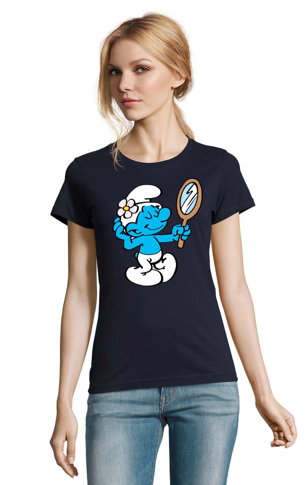Blondie & Brownie T-Shirt Damen T-Shirt Schlumpf Spiegel Motiv Baumwolle Cartoon Print Shirt (Einzelartikel, 1 Stück) Herren T-Shirt Schlumpf Spiegel Motiv Cartoon Shirt Baumwolle Print