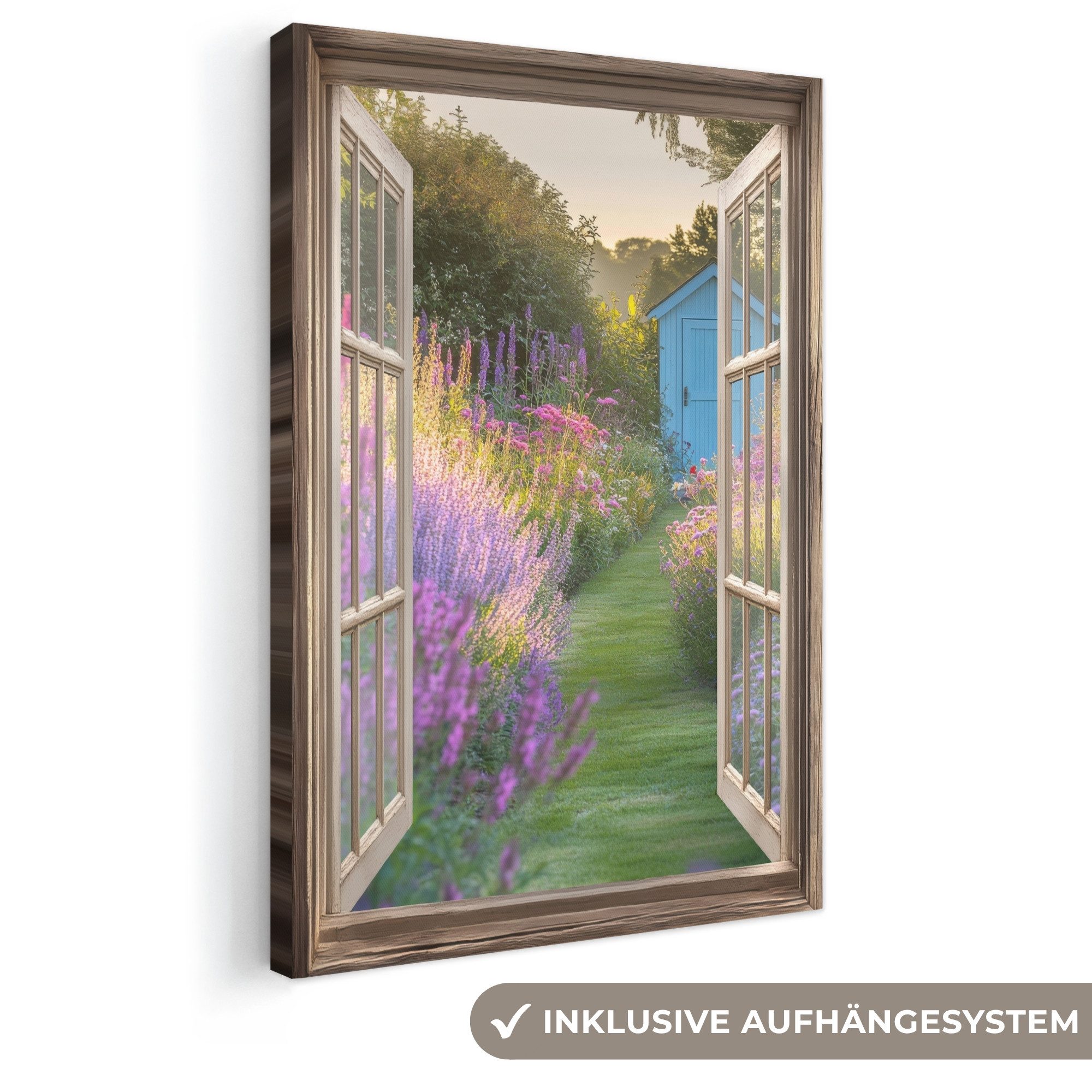 OneMillionCanvasses® Leinwandbild Fensterblick - Fenster - Blumen - Fenster - Natur, Fotodruck (1 St), Leinwand Canvas Wandbild, Wanddekoration 20x30 cm