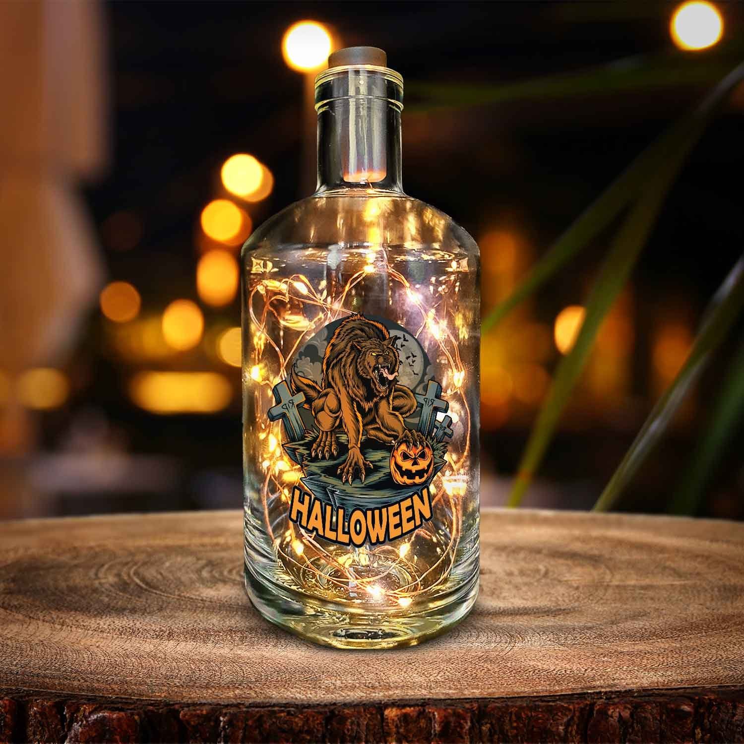 GRAVURZEILE Lichterkette Flasche mit UV-Druck - im Halloween Werwolf V1 Design, 20 LEDs Lichterkette mit Schalter am Korken Drahtlichterkette