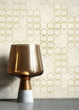Newroom Vliestapete, Beige Tapete Leicht Glänzend Modern - Mustertapete Metalic Gold Grau Hexagon Grafisch für Schlafzimmer Wohnzimmer Küche