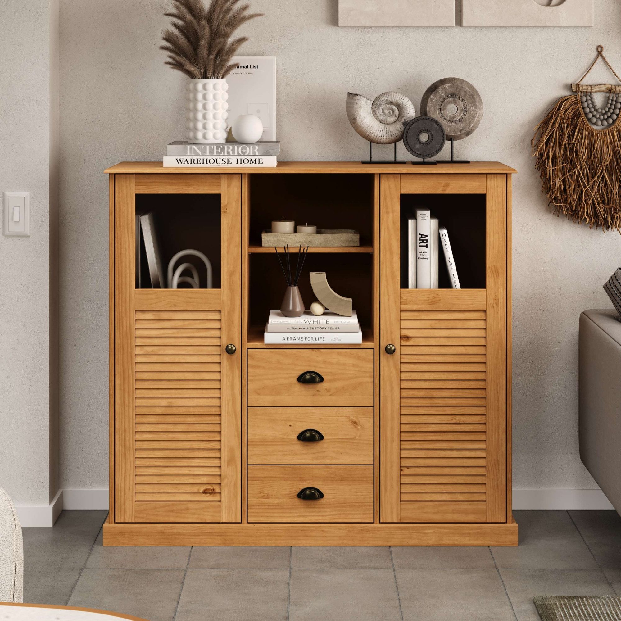 OTTO home Highboard Turia, mit Glas- und Lamellentüren, Vitrine/Midischrank/Kommode, aus massivem Kiefernholz, FSC®, B: 127 cm