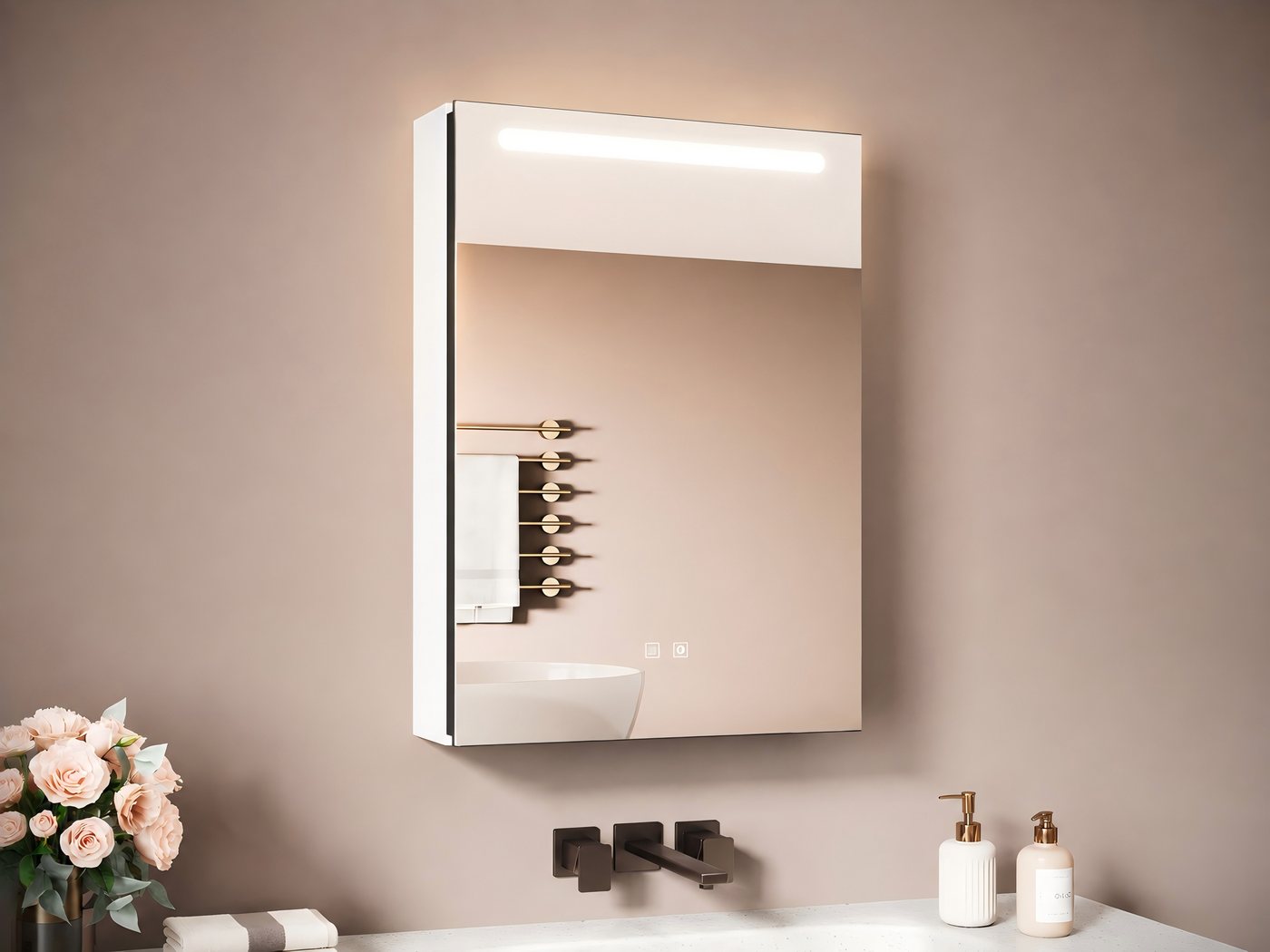 SONNI Spiegelschrank Badezimmerspiegelschrank, Spiegelschrank Badezimmer mit LED-Spiegel mit Beleuchtung, Anti-Beschlag & Steckdose, Licht in 3 Farbtemperaturen