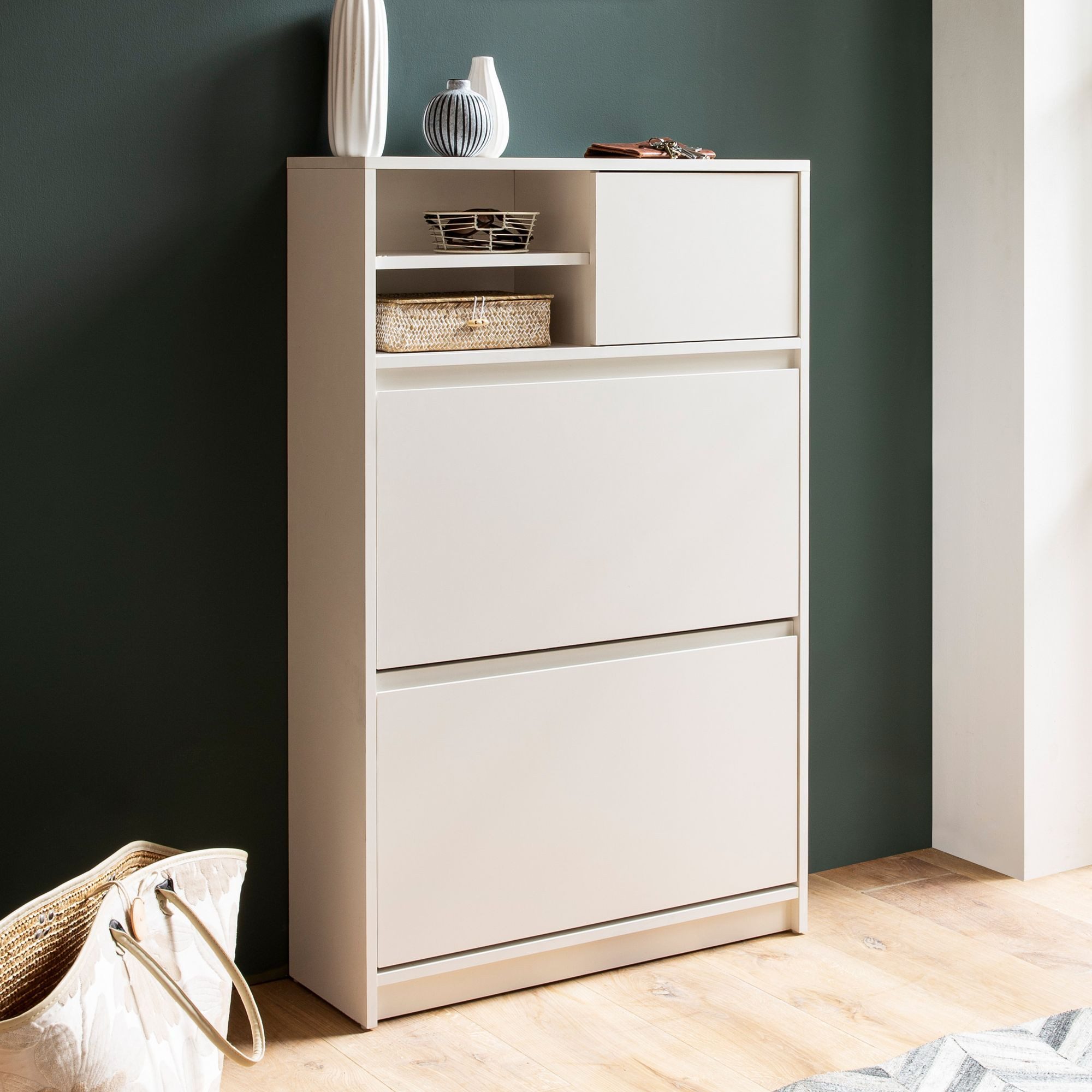 FINEBUY Schuhschrank FB102985 Schuhkipper Garderobe Weiß Modern Schuhkommode (Schuhregal Flurschrank mit Ablage, Flurkommode) Schuhkipper Weiß 71x110x24 cm Geschlossen