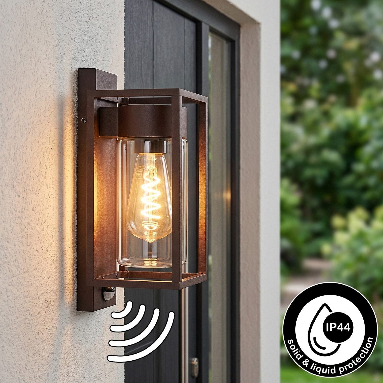 hofstein Außen-Wandleuchte Außenwandlampe mit Bewegungsmelder aus Metall/Glas in Rostfarben/Klar, ohne Leuchtmittel, Leuchte im Industrial-Design für Garten/Terrasse/Hof, 1 x E27, IP44