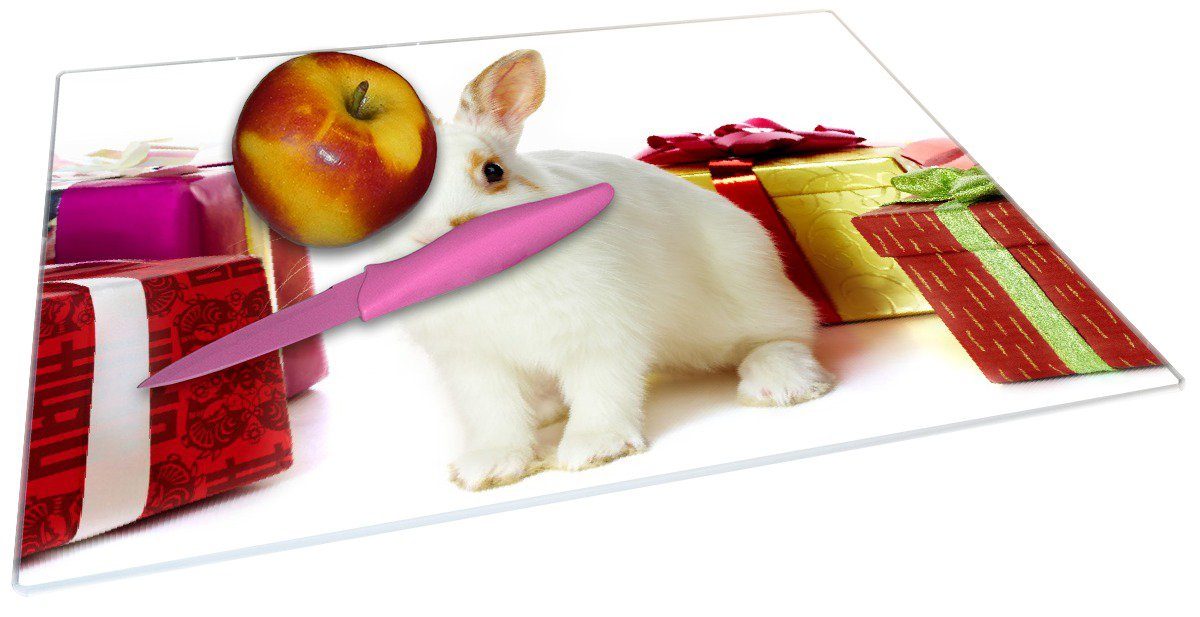 Gummifüße mit Geschenken, (inkl. Kaninchen 1-St), 4mm, Wallario 30x40cm ESG-Sicherheitsglas, Schneidebrett bunten rutschfester Süßes