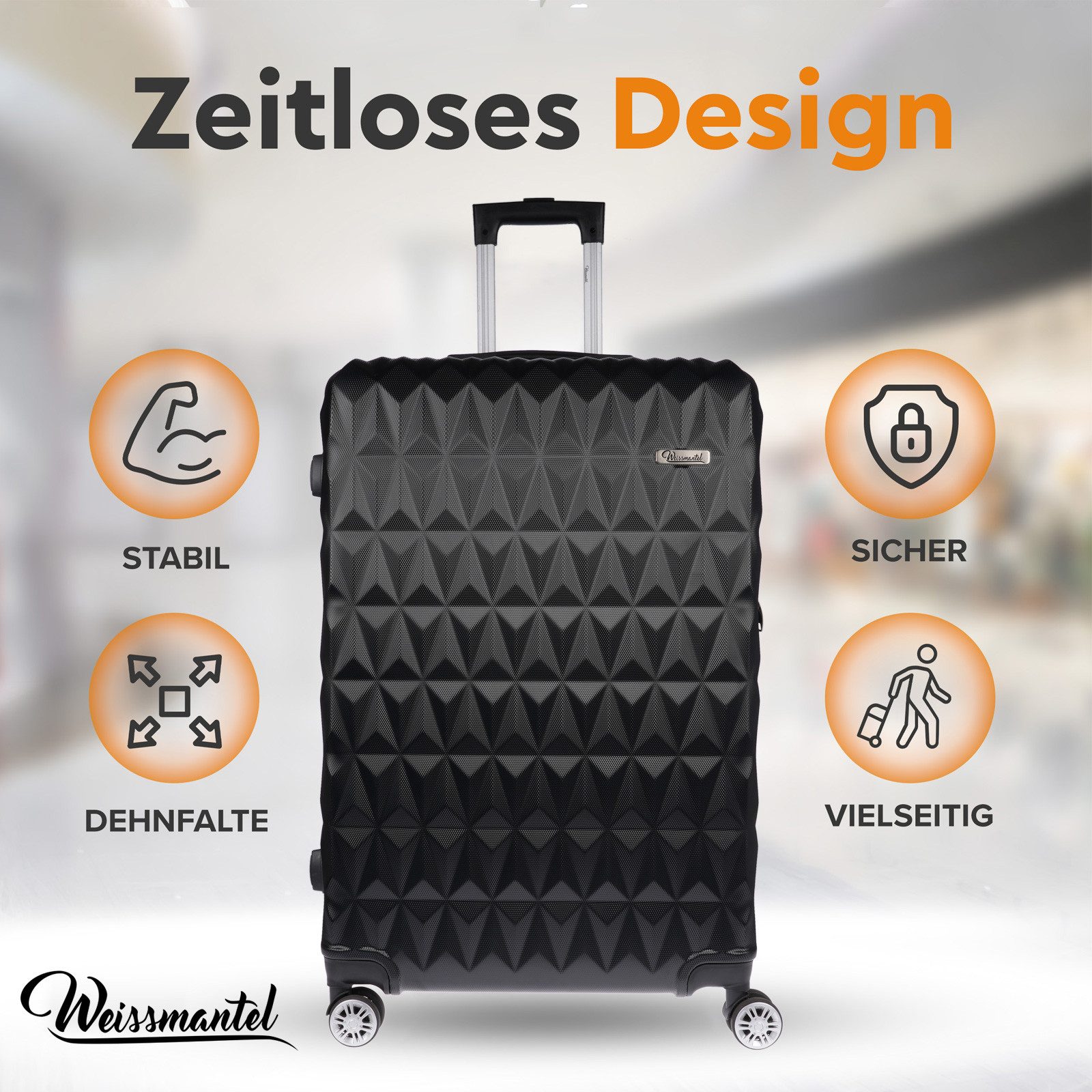 Weissmantel Kofferset 5er Koffer Set Hartschalenkoffer Kofferset XL Bordgepäck Handgepäck, (Suitcase 5 teilig Rollkoffer, Hartschalenkoffer Set, Reisekoffer, Kofferset, Koffer Set, Tolley Set), Mit Dehnfalte / Dehnfuge erhöht das Volumen der Koffer um 15 Prozent