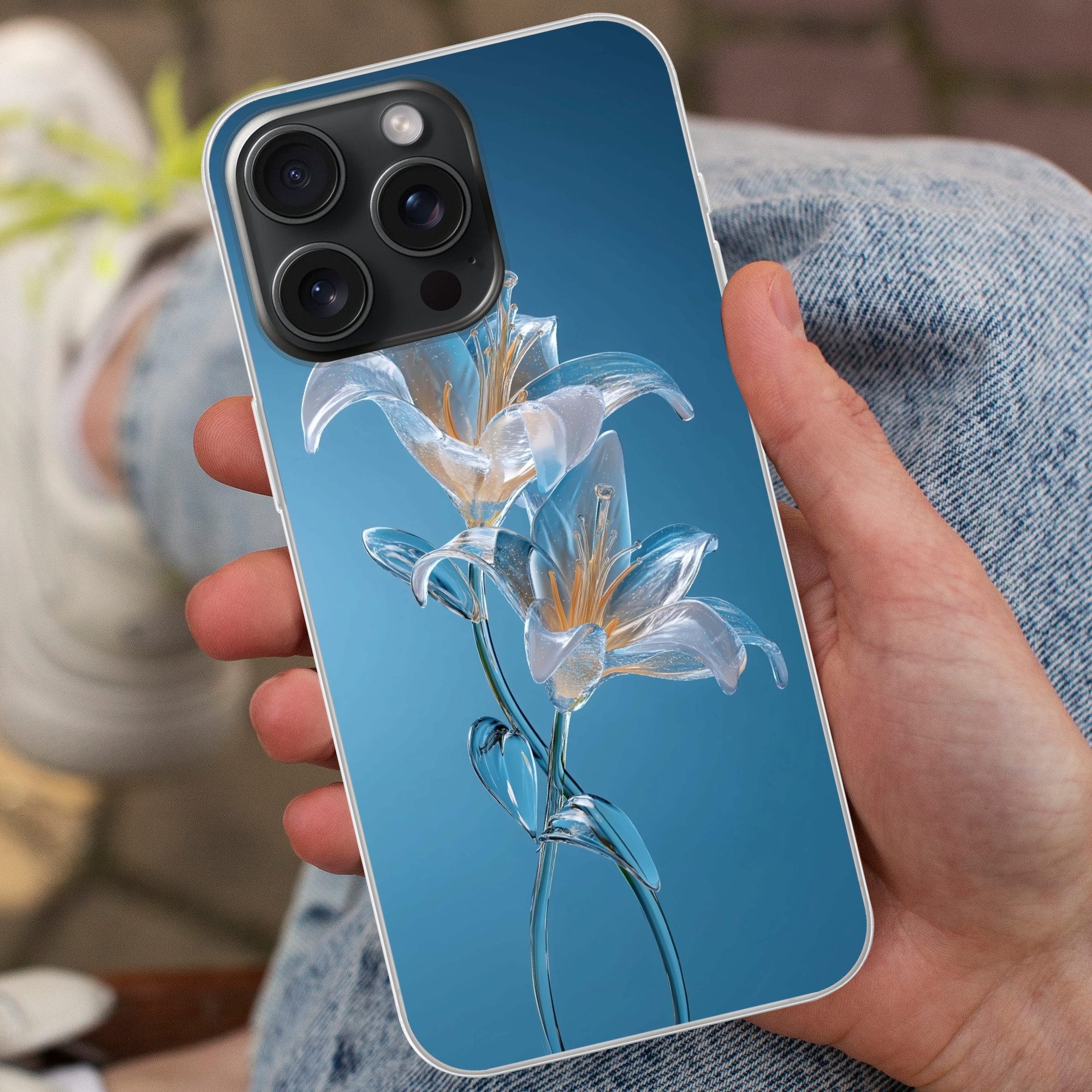 MuchoWow Handyhülle für Apple iPhone 15 Pro Max Lilien - Blau - Gläser, Smartphone-Bumper, Print, Handy Schutzhülle Dünn