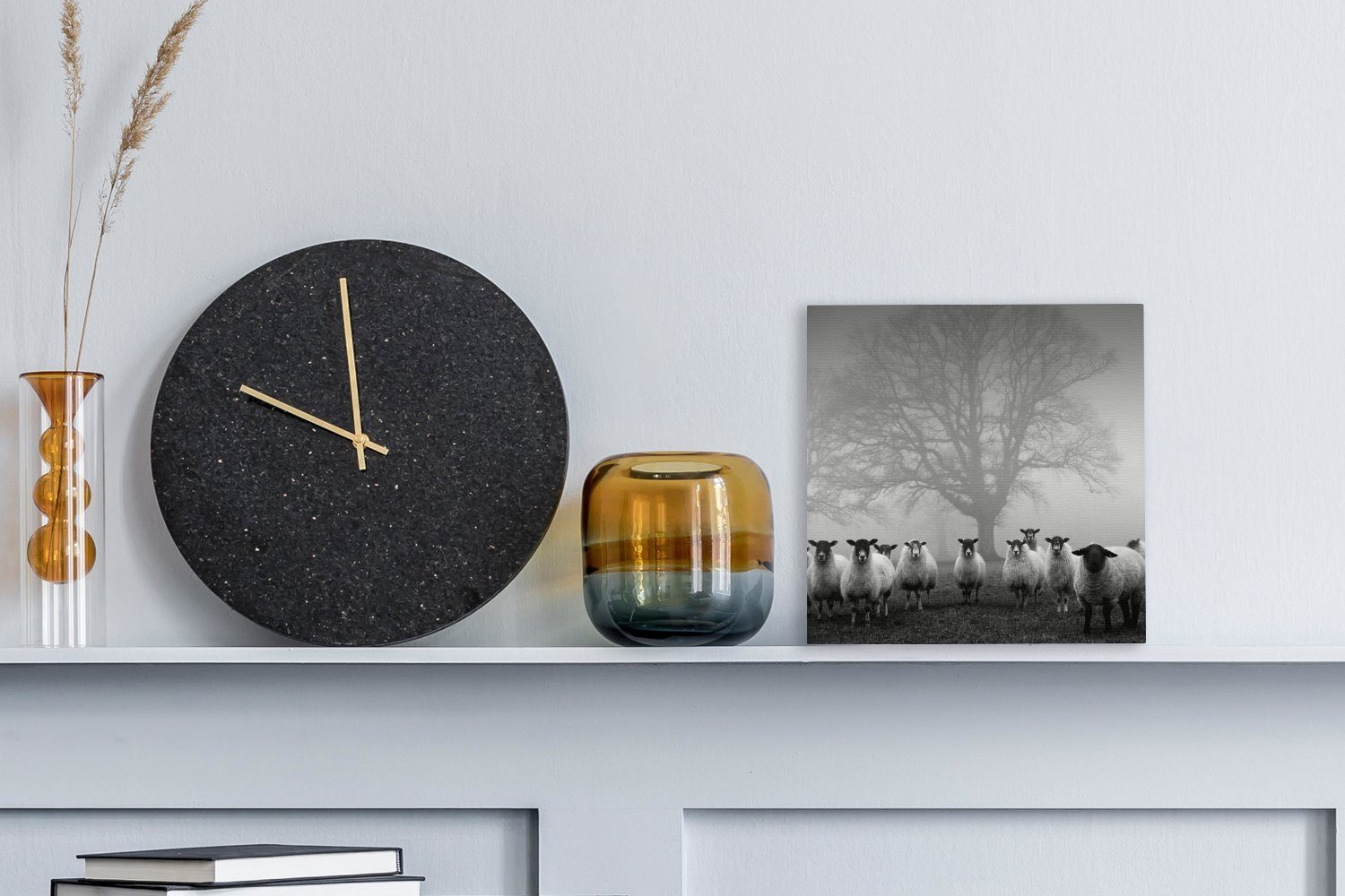 OneMillionCanvasses® Leinwandbild Schafherde im Nebel - schwarz und weiß, ( günstig online kaufen