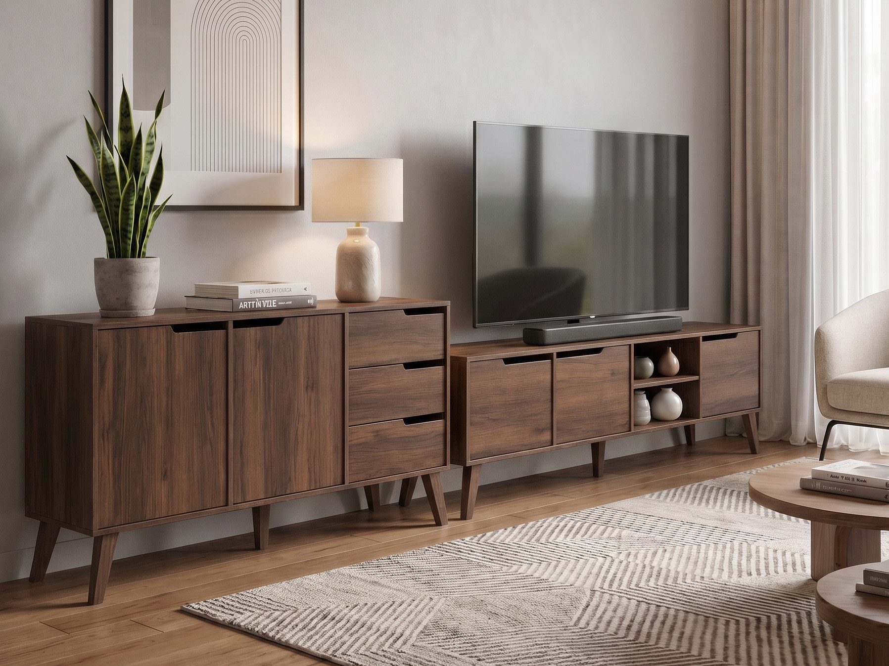 Beautysofa Wohnzimmer-Set NOREL 2-teilig Kommode 160 cm + TV-Schrank 180 cm, (modernes Wohnzimmermöbel-Set mit Schubladen, Türen, offenen Fächern, Holzbeinen, ABS-Kanten), Erhältliche Farben: Warmia Walnuss und Cashmere