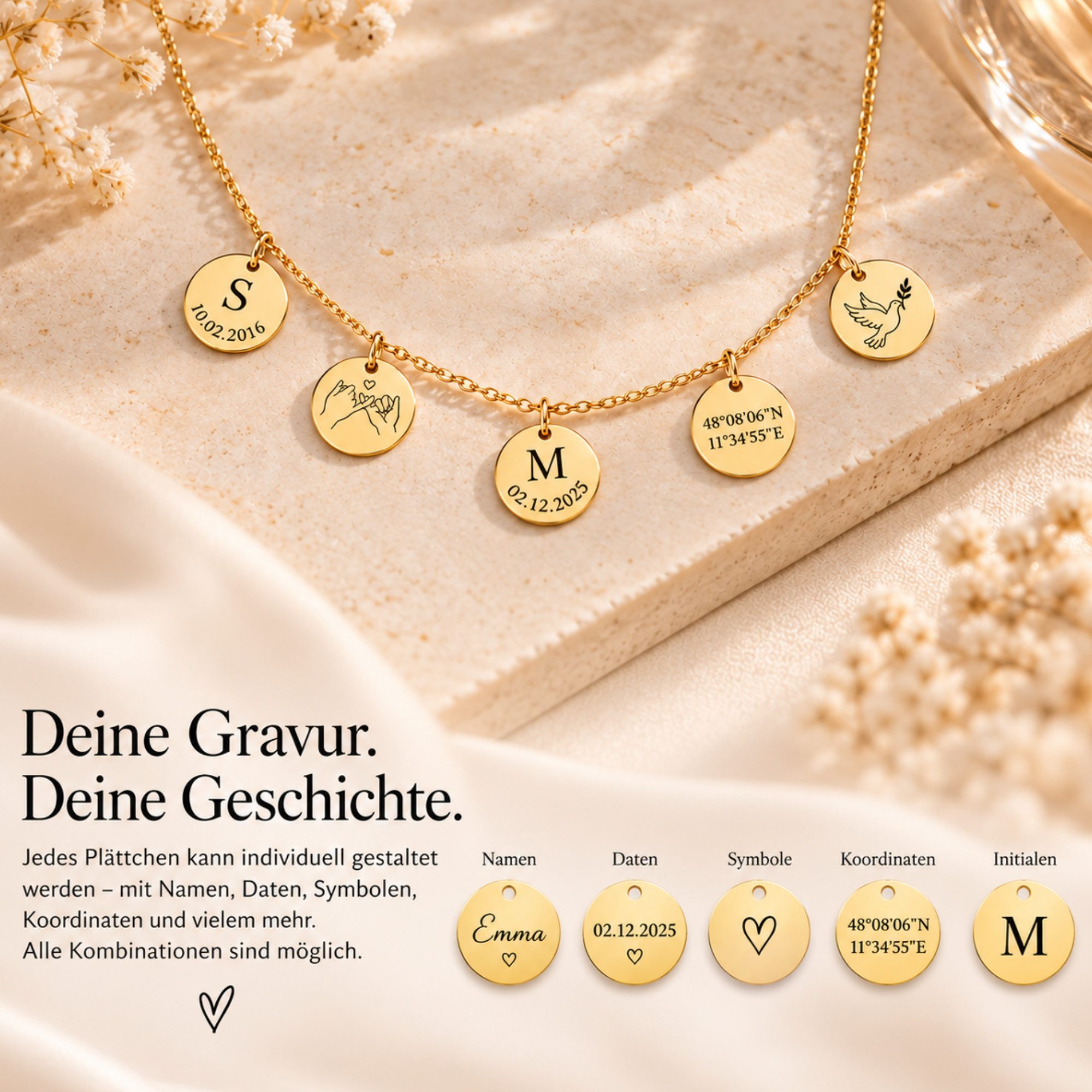 BS Schmuckdesign Kette mit Anhänger mit Gravur Personalisierte Halskette mit Name und Symbolen Gravurkette vergoldet (inkl. Gravur), personalisiert inkl. Gesche – Bild 4 von 5