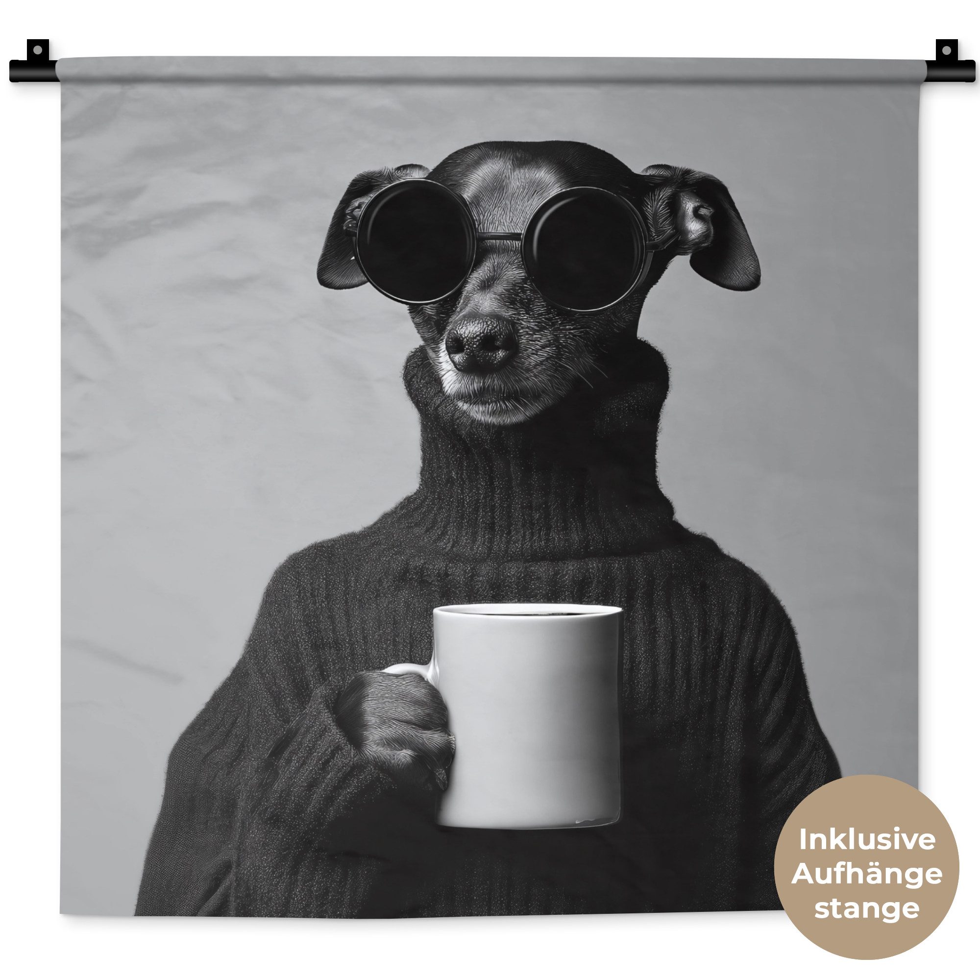 MuchoWow Wandteppich Rollkragenpullover - Hund - Brille - Becher, Quadratisch, Höhe: 3 mm, Wand Teppich, Deko für an den Wand, 60x60 cm