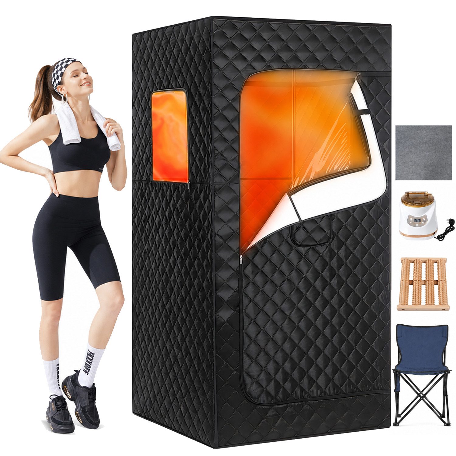kehot Sauna Dampfsauna für Zuhause mit 1500 W Dampfgenerator, BxTxH: 90 x 90 x 180 cm, (Faltbare Heimsauna mit 3 L Tank & 9 Temperaturstufen, Timer, Tragbare Wellness Sauna platzsparend für kleine Räume) Sauna Set mit Stuhl, Fußmatte, Fernbedienung & Fußm