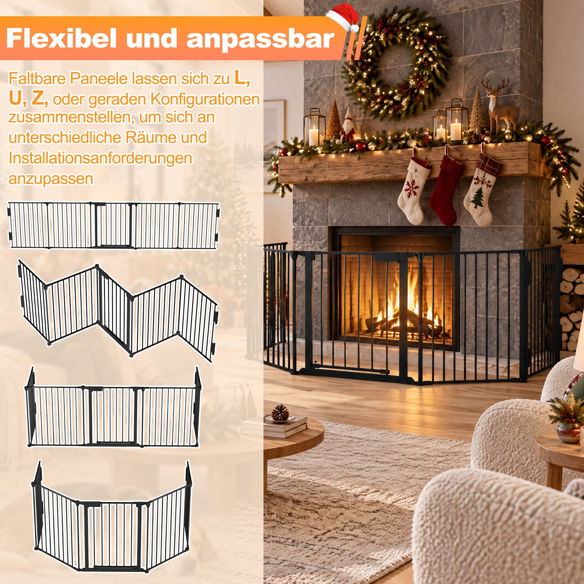 FIVMEN Kamingitter Kaminschutzgitter mit Tür Klappbares Absperrgitter 5 Elemente, Konfigurationsgitter für Kinder-Sicherung, 300x75x60cm – Bild 3 von 5