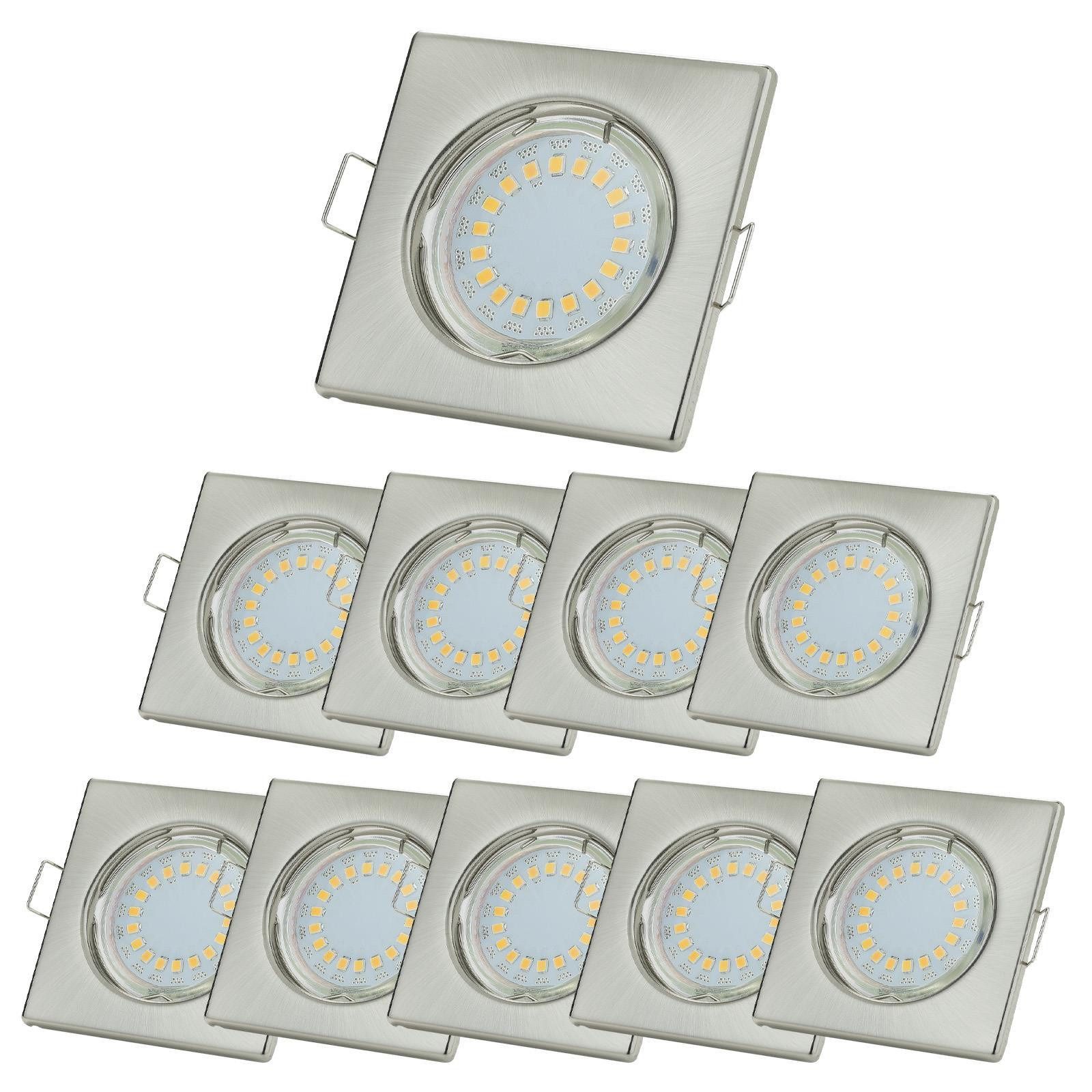 Sweet LED LED Einbaustrahler 10er Set eckig chrom gebürstet 230V 5W GU10 LED Deckenspots, LED wechselbar, 6500K - kaltweiß, Deckenstrahler, Einbauleuchten