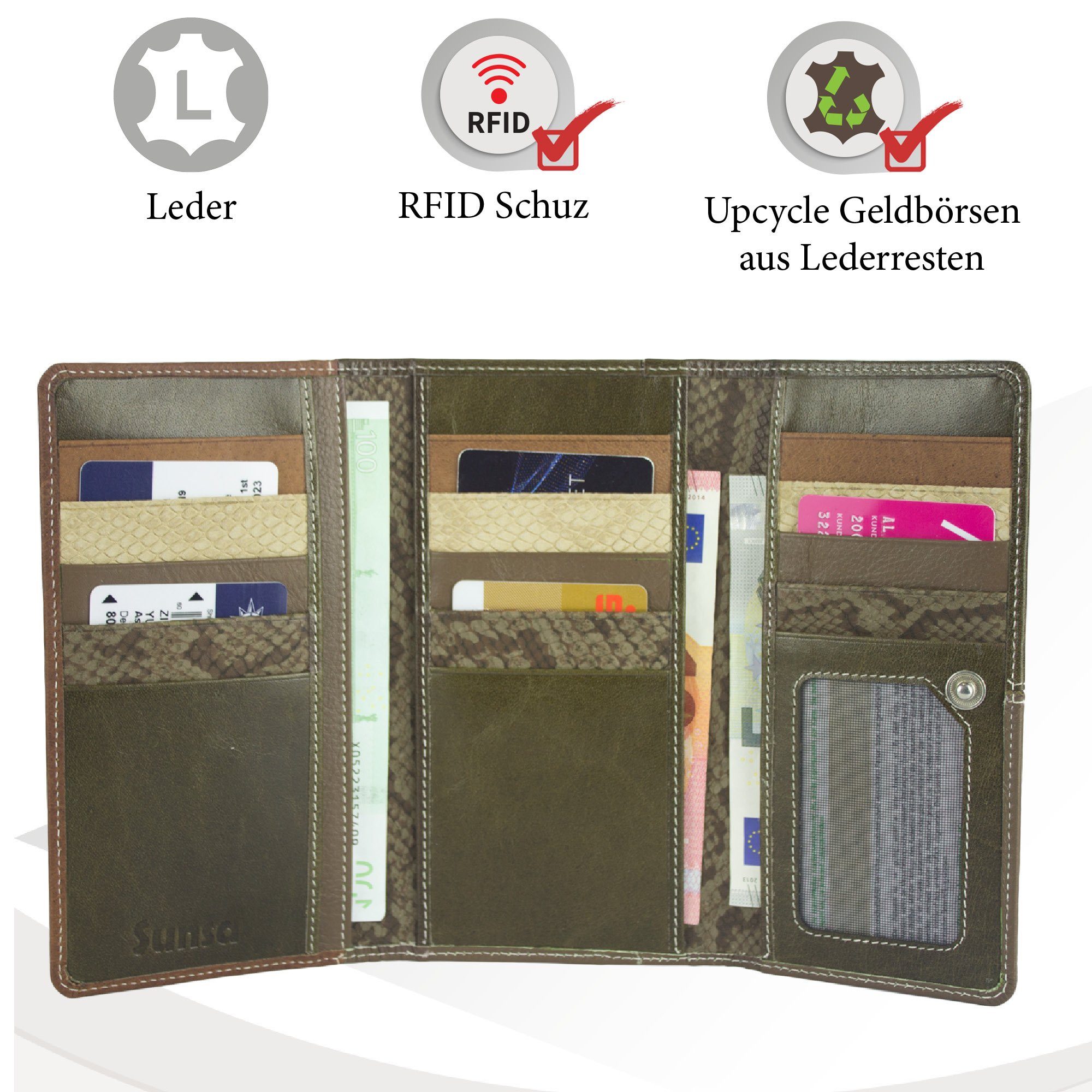 Damen Geldbörse. Echt RFID-Schutz, echt Leder, mit Leder Unisex aus Portemonnaie aus braun/Khakigrün Sunsa Lederreste, Geldbeutel. Lederresten, Geldbörse recycelten