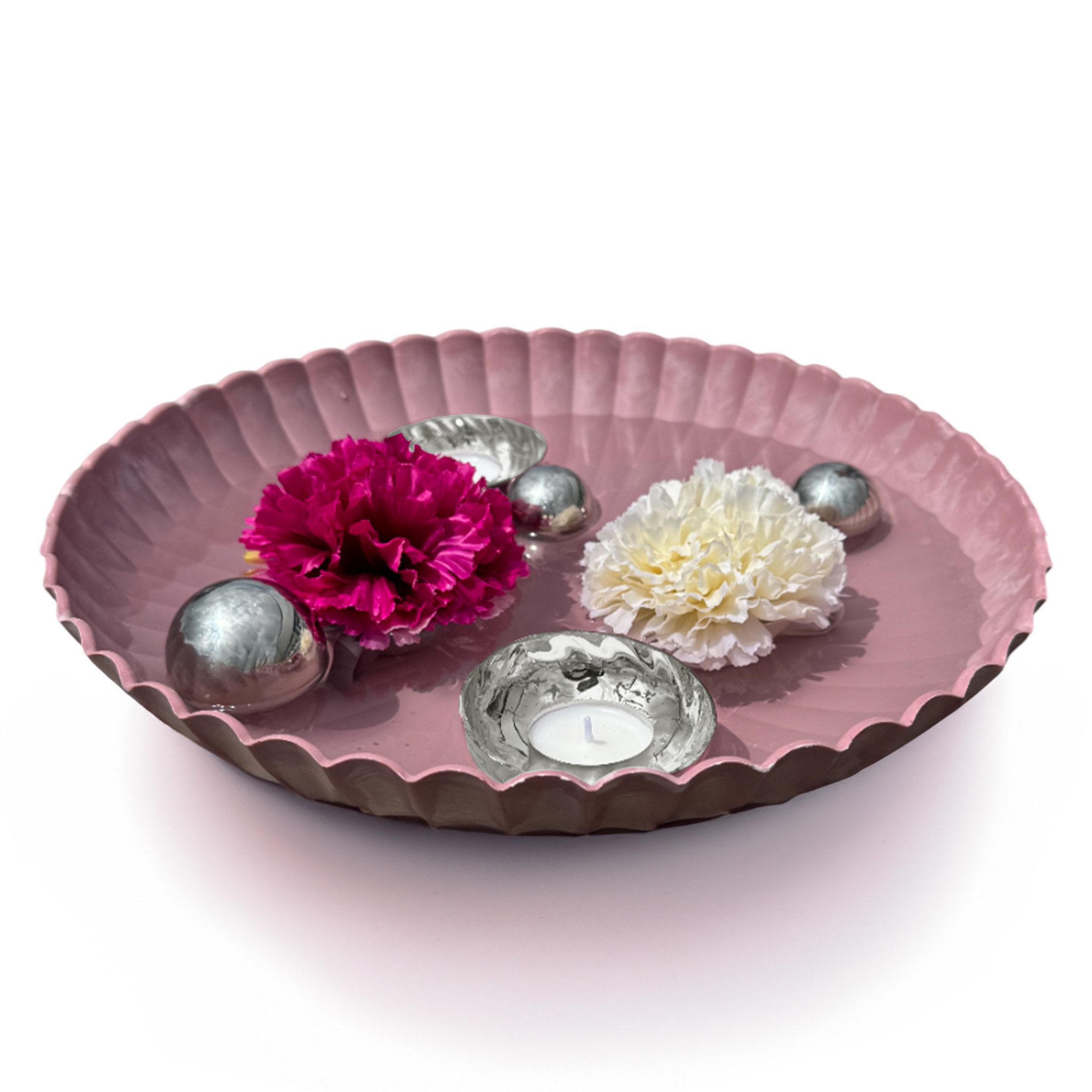matches21 HOME & HOBBY Wasserspiel Miniteich Set Schale in Rosa, Schwimm Teelichter Ø 35 cm Silber, (6 tlg), Komplettset mit Schwimmkugeln aus Edelstahl