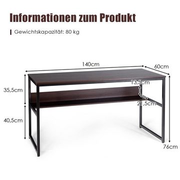 COSTWAY Schreibtisch, mit Ablagefläche, Metallstruktur, 140x60x76cm