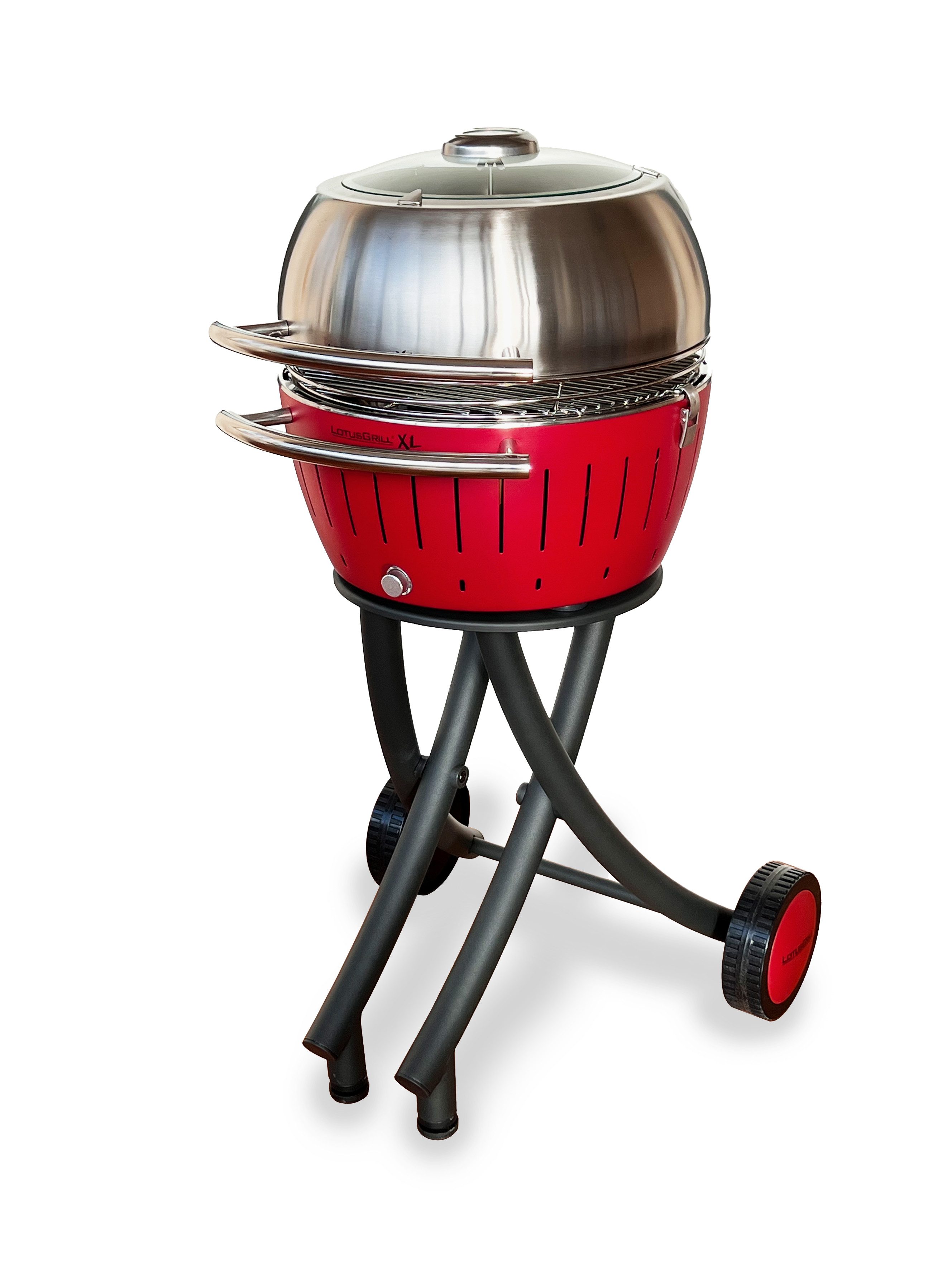 LotusGrill Holzkohlegrill LotusGrill XL Gartengrill Set Feuerrot-Grillwagen /-haube XL Edelstahl