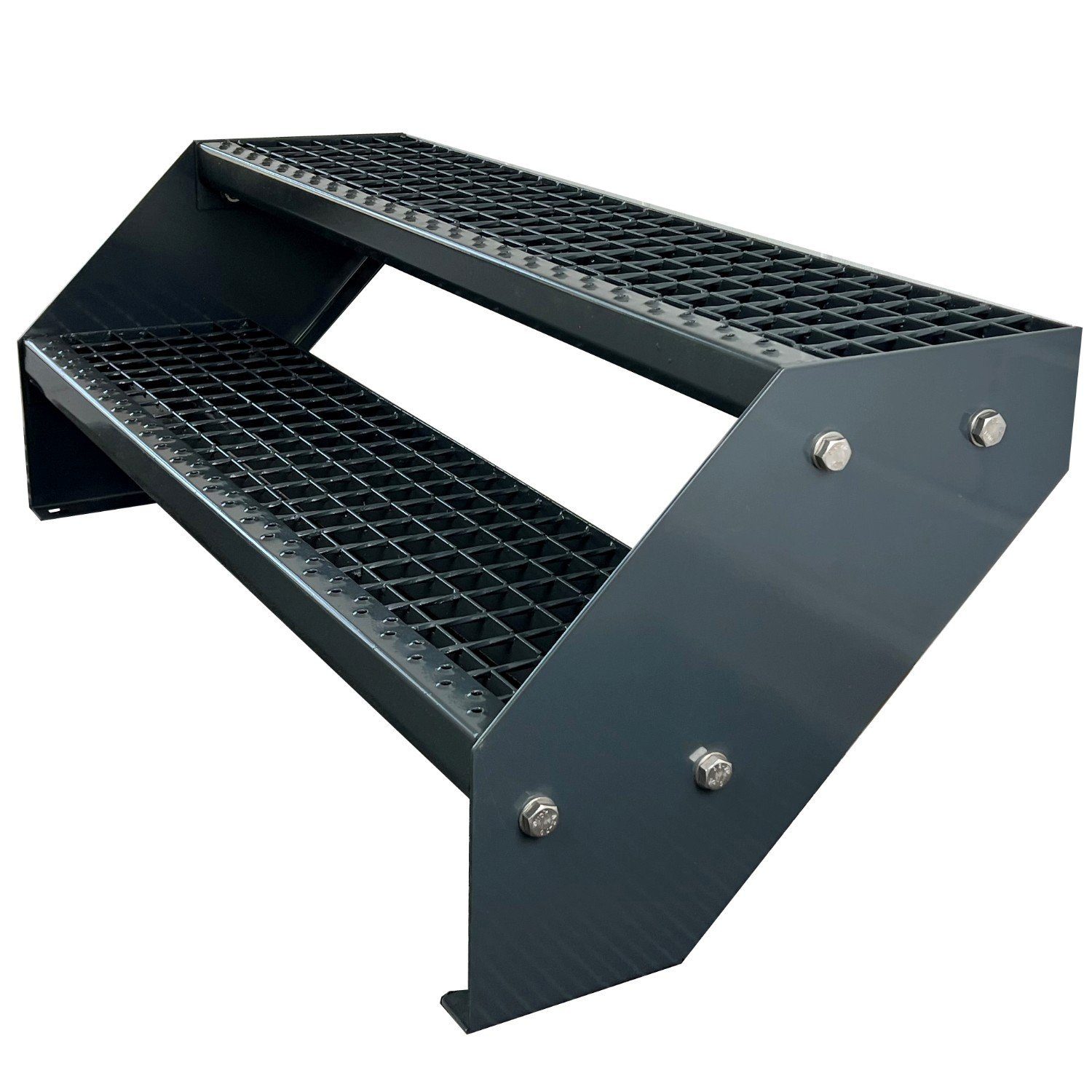 Kaminbau Mierzwa Außentreppe Premium Treppe Komplett Anthrazit Höhe Verstellbar, für Geschosshöhen bis 38 cm, Stufen Gitterroststufen nach DIN 24531, (Höhe 38 cm, Breite wählbar aus 60, 80, 100, 120, 140 cm), Gartentreppe Stahltreppe Wetterfest Rostfrei Feuer-Verzinkt Rutschfest