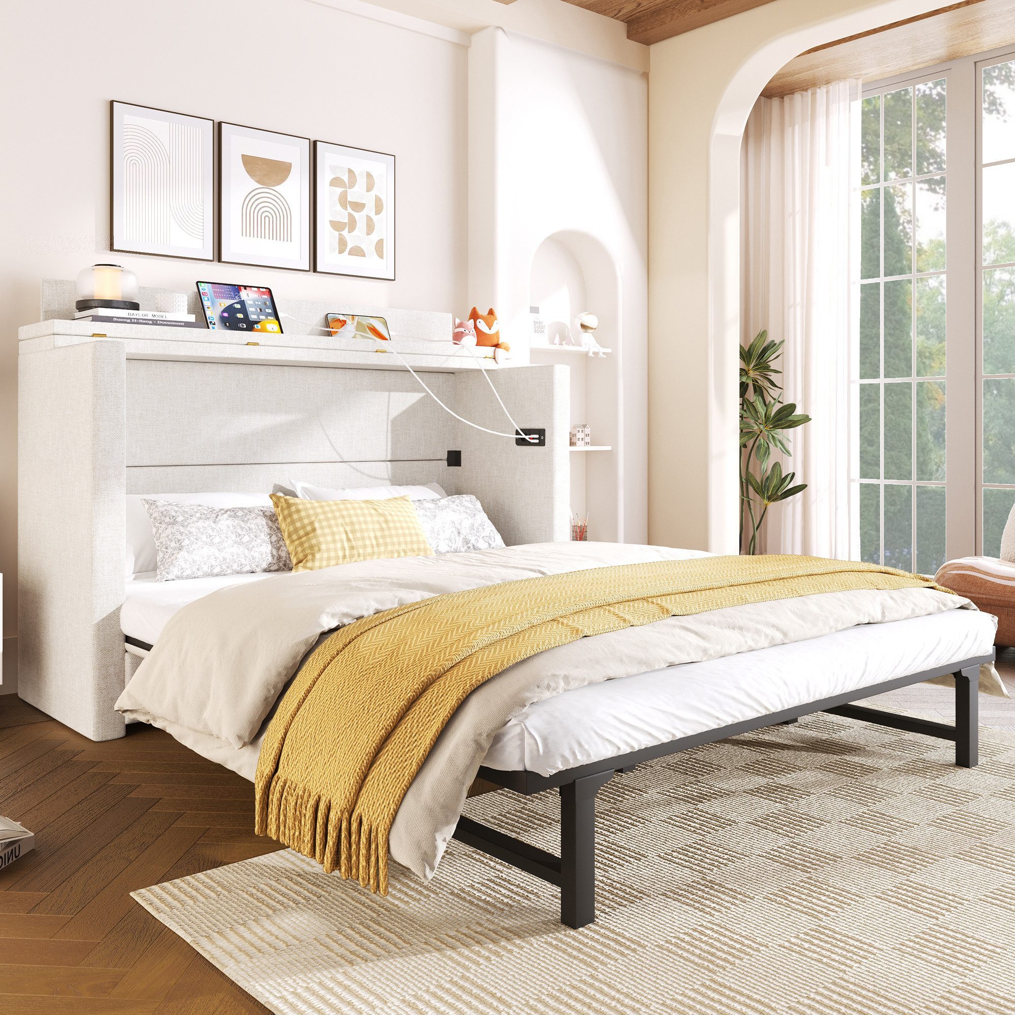 Odikalo Schrankbett Polsterbett Einzelbett 140x200 mit Schublade und USB (Mit einer Schublade,Mobiles Schrankbett mit Ablagefach am Bett, mit USB- und Typ-C-Anschlüssen, Umbaubares Plattformbett, Ohne Matratze,Leinen, Beige) /gray