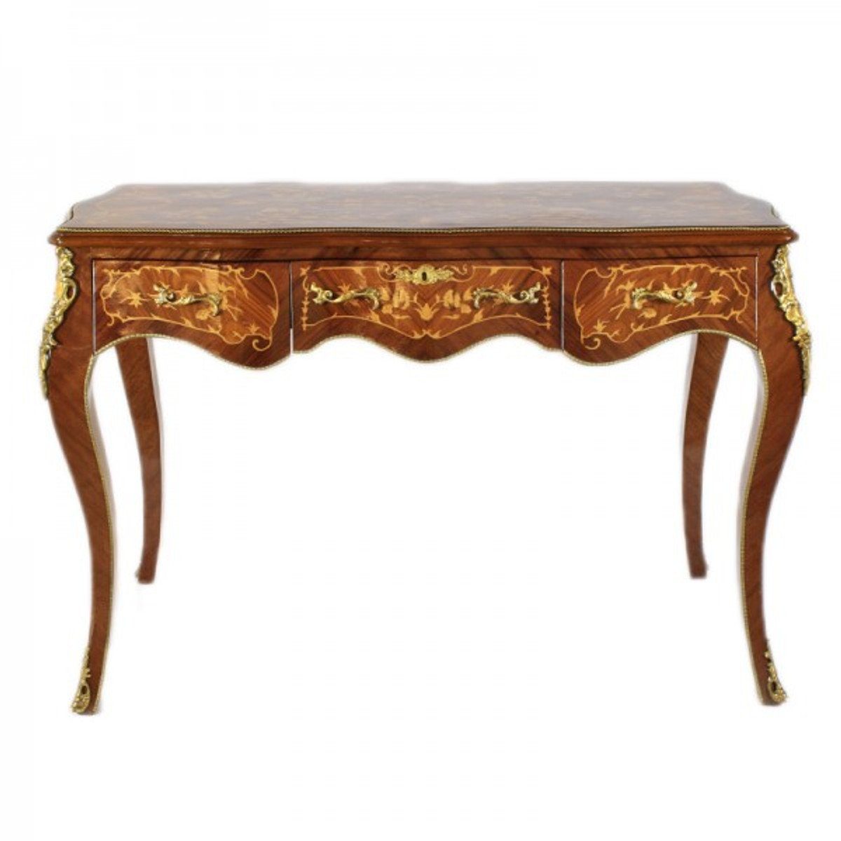 Casa Padrino Schreibtisch Barock Schreibtisch Mahagoni Intarsien / Gold 120 cm - Antik Stil Sekretär Luxus Möbel