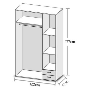 möbelando Kleiderschrank Hamina Moderner Kleiderschrank aus Spanplatte in Weiß mit 3 Holztüren, 2 Schubkästen, 1 Konstruktionsboden, 2 Einlegeböden und 1 Kleiderstange. Breite 120 cm, Höhe 177 cm, Tiefe 52 cm