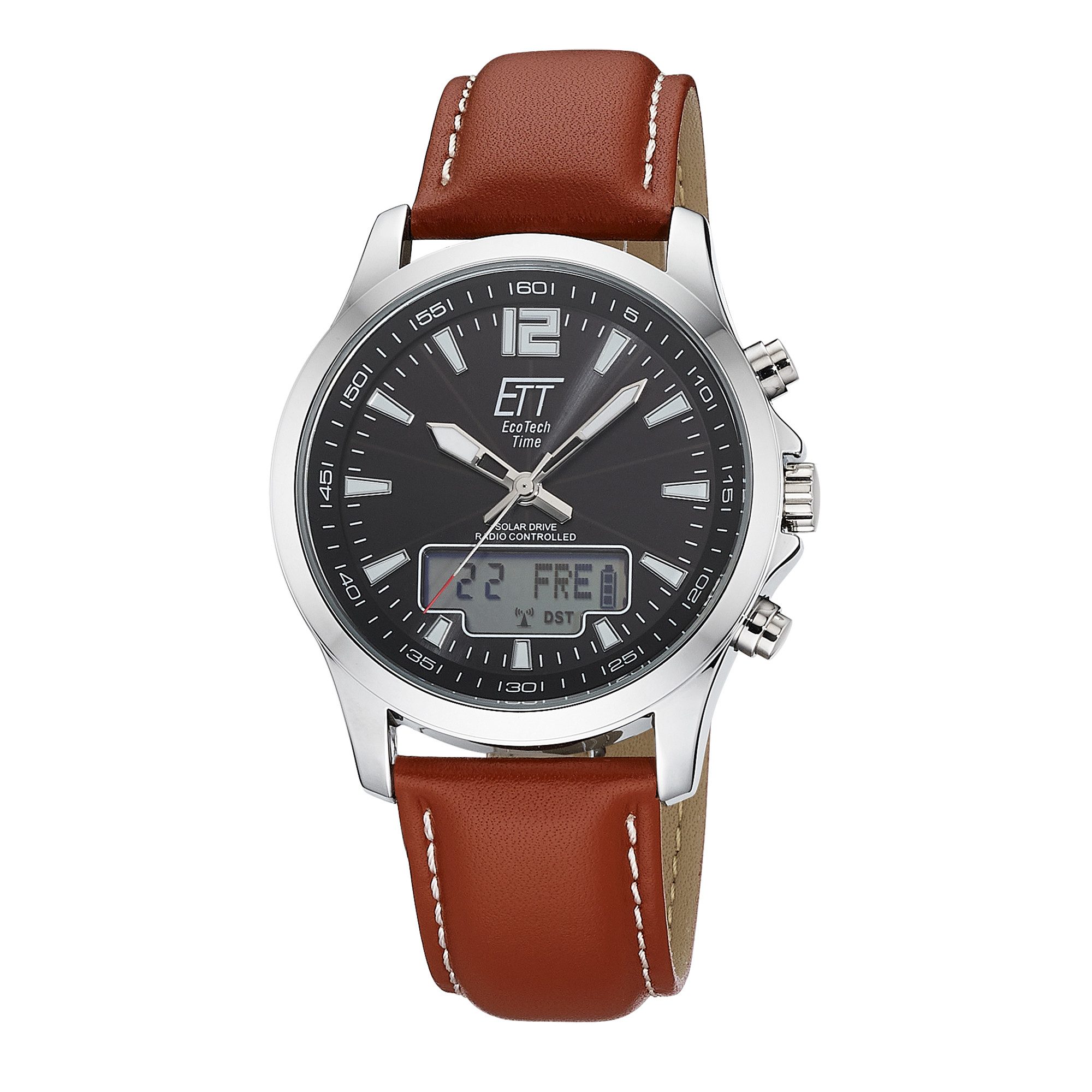 ETT Funkchronograph Professional World Timer EGA-11713-21L, Armbanduhr, Solar, Herrenuhr, Lederarmband, analog, digital, Tag