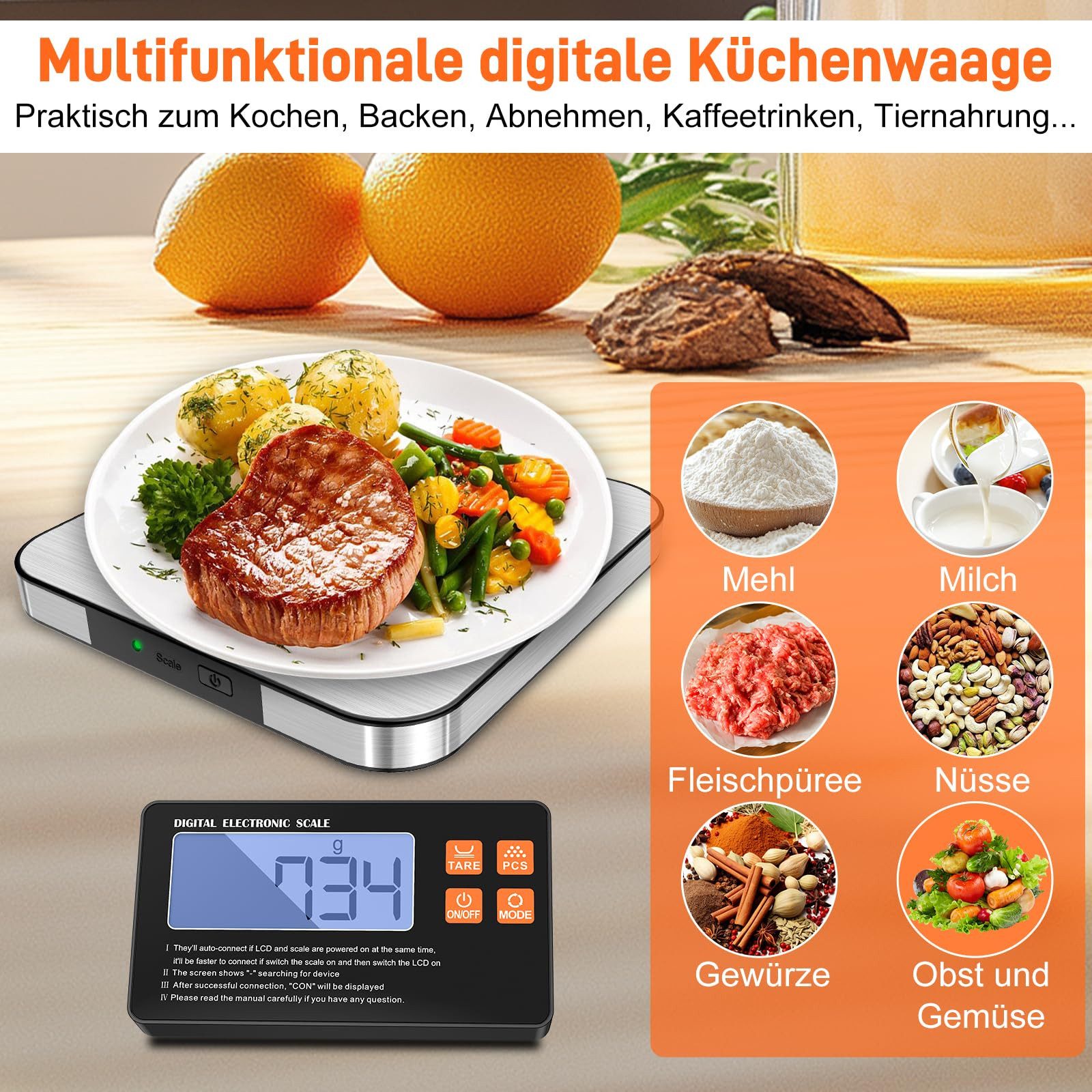 BlingBin Küchenwaage Digital 1g/15kg, mit geteiltem Messbereich & separatem LCD-Display, (Lebensmittelwaage, 1-tlg., 1tlg), 7 Maßeinheiten,Tara- & Zählfunktion,batteriebetrieben,Edelstahl-Design
