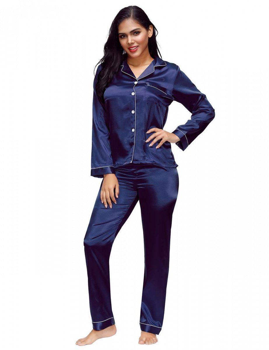 Lau-Fashion Pyjama Damen Schlafanzug Satin Pyjama Blau Langarm zweiteilig Hosen Anzug M/L