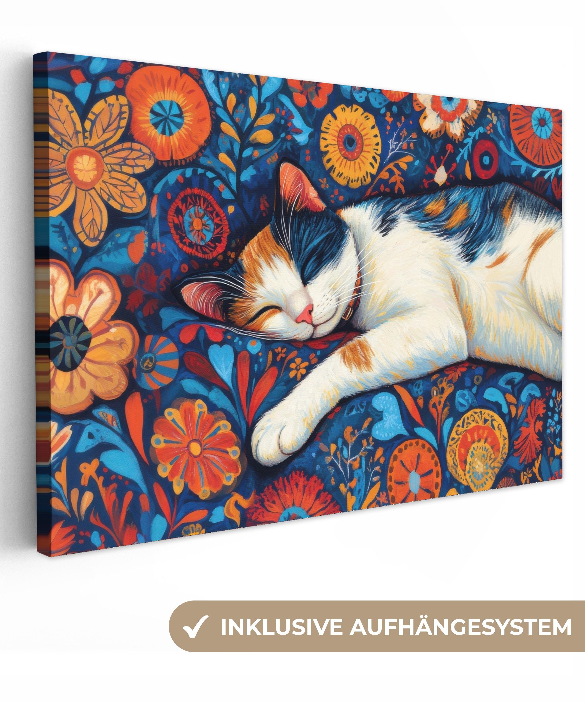 OneMillionCanvasses® Leinwandbild Katze - Blumenmuster - günstig online kaufen
